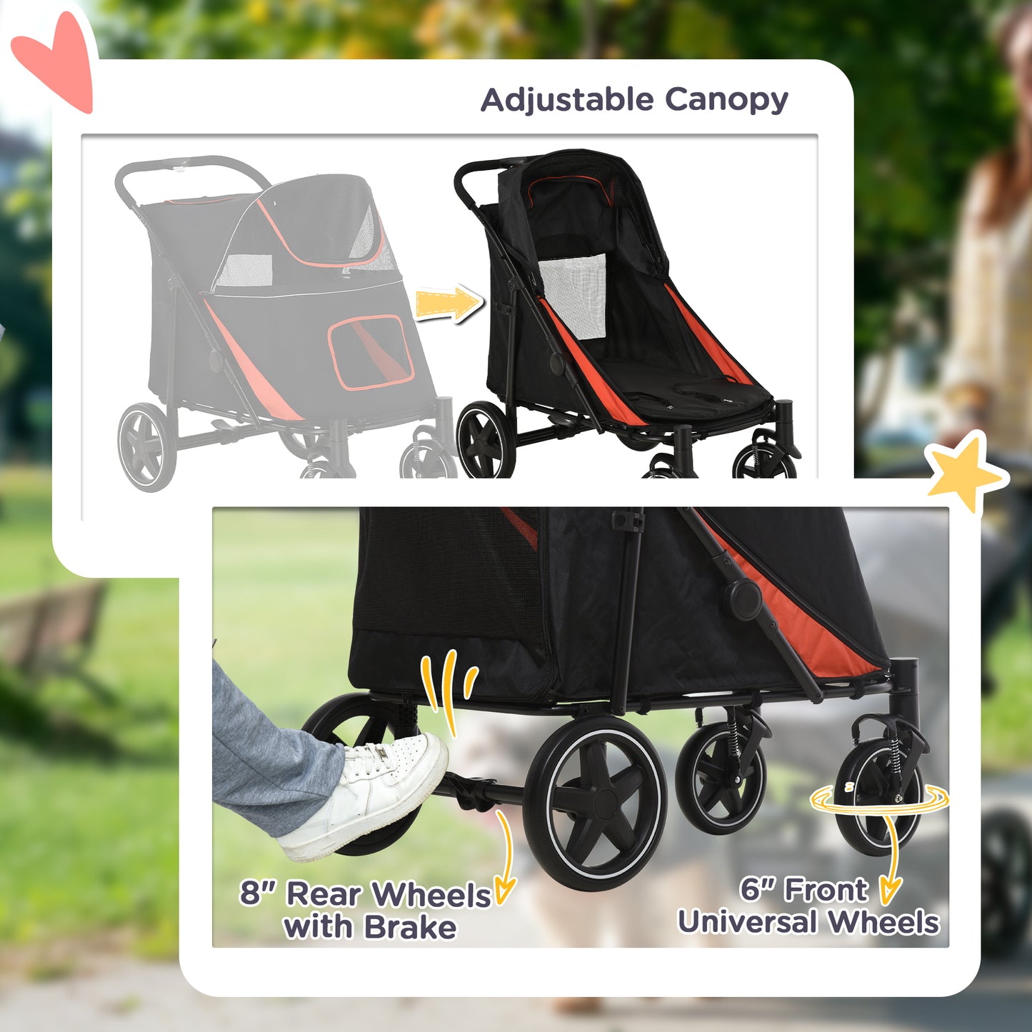 Pet Stroller with Universal Front Wheels, Shock Absorber, One-Click Foldable Dog Cat Carriage with Brakes, Storage Bags, Safety Leash for Large &; Medium Dogs, Black Dog Bike Trailers & Strollers at Gallery Canada