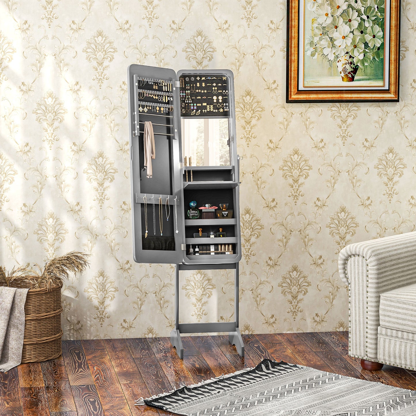 Standing Mirror Jewelry Cabinet, Jewelry Storage Cabinet with LED Lights and Angle Adjustable Full Length Mirror, Grey Jewelry Armoire & Jewellery Mirror Cabinets   at Gallery Canada