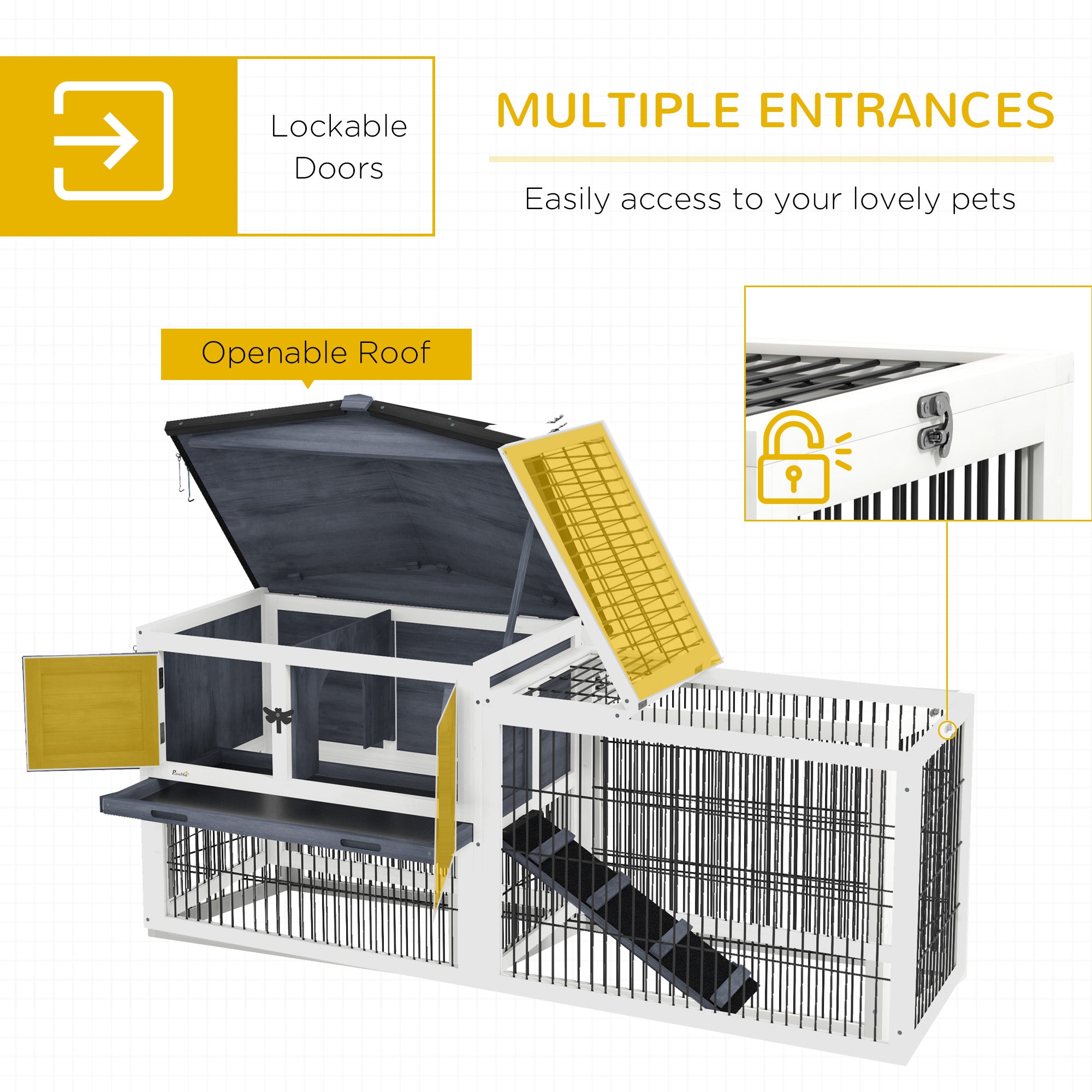Wood Rabbit Hutch w/ Ramp, Openable Roof, Pull-out Tray, Dark Grey Rabbit Hutch at Gallery Canada