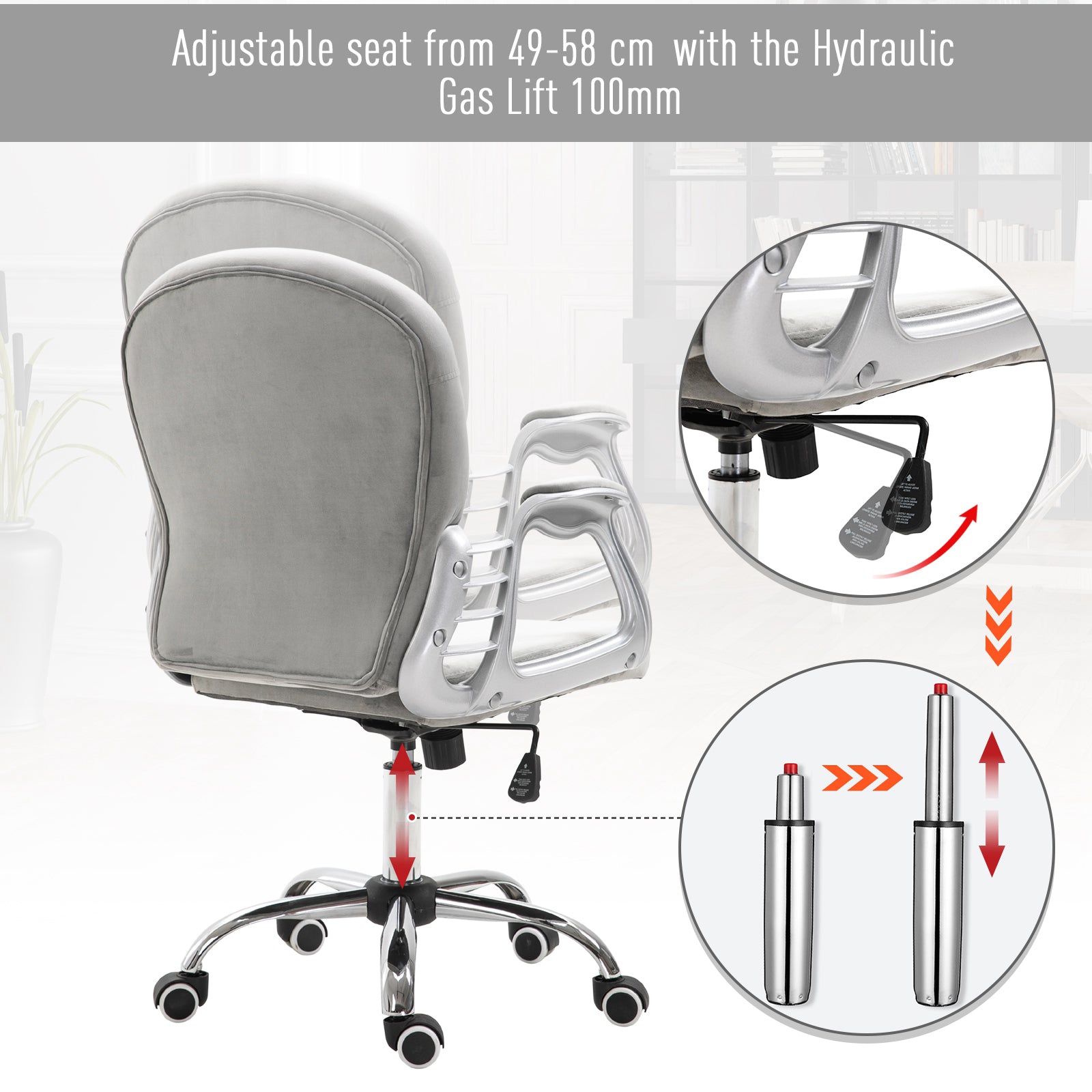 Velvet Vanity Office Chair, Button Tufted Swivel Chair with Adjustable Height, Padded Armrests and Tilt Function, Grey Task Chairs at Gallery Canada