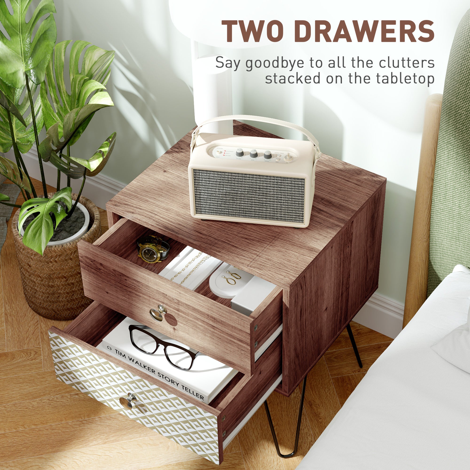 Side Table with Drawers, Nightstand, Bedside Table, Sofa End Table, for Bedroom, Brown Bedside Tables at Gallery Canada