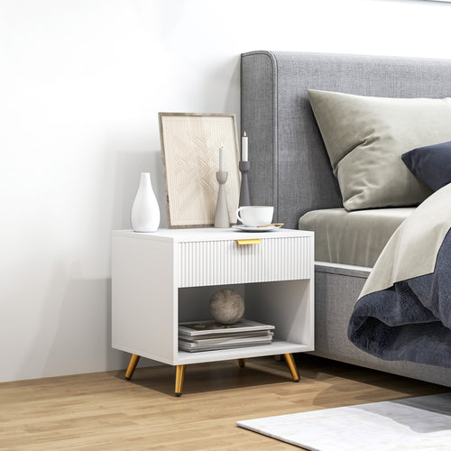 Nightstand with Fluted Panel, Bedside Table with Drawer and Open Compartment, Modern Night Table for Bedroom, White