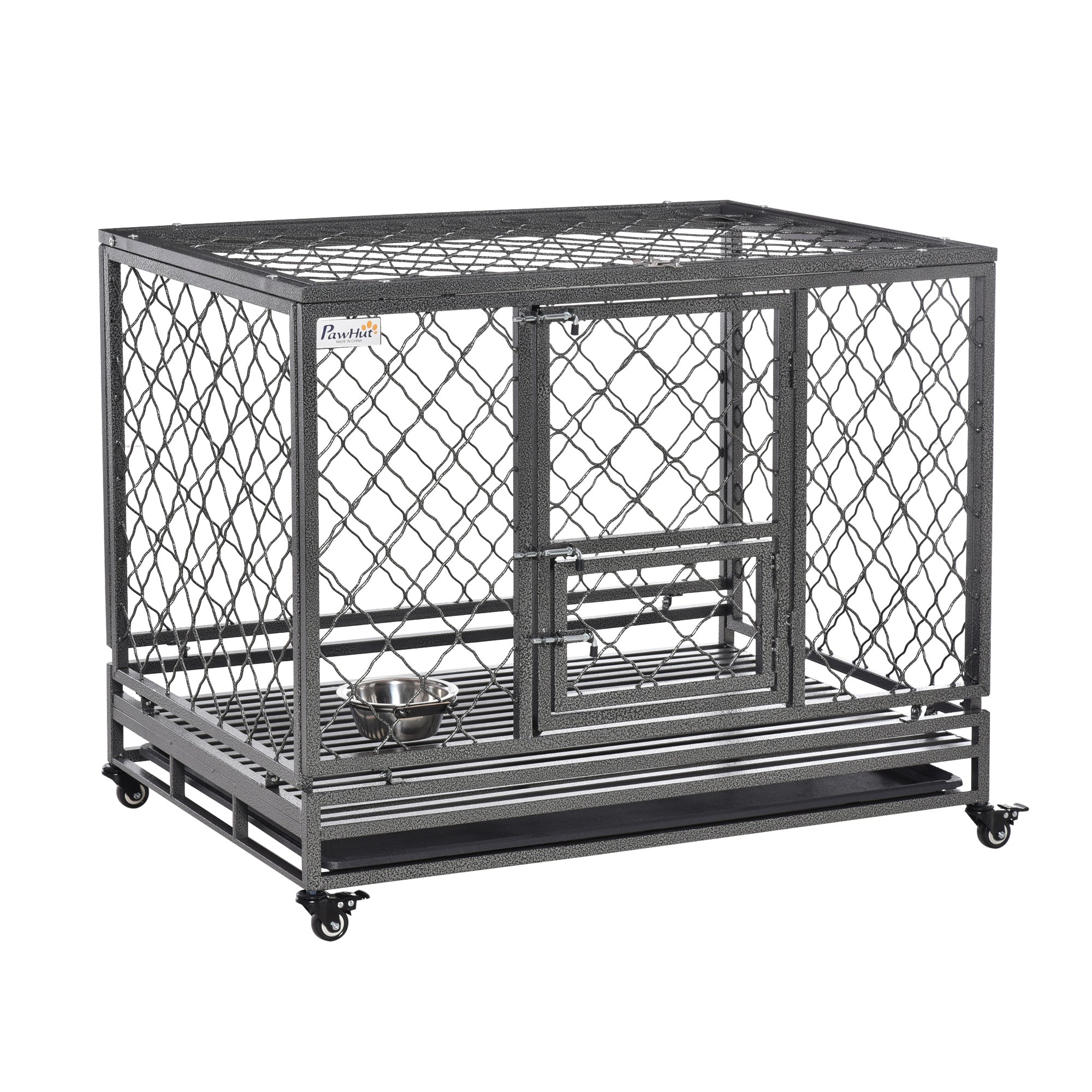 Heavy Duty Dog Crate w/ Wheels, Openable Top, Removable Tray, Bowl, for All-Sized Dogs, 42.5