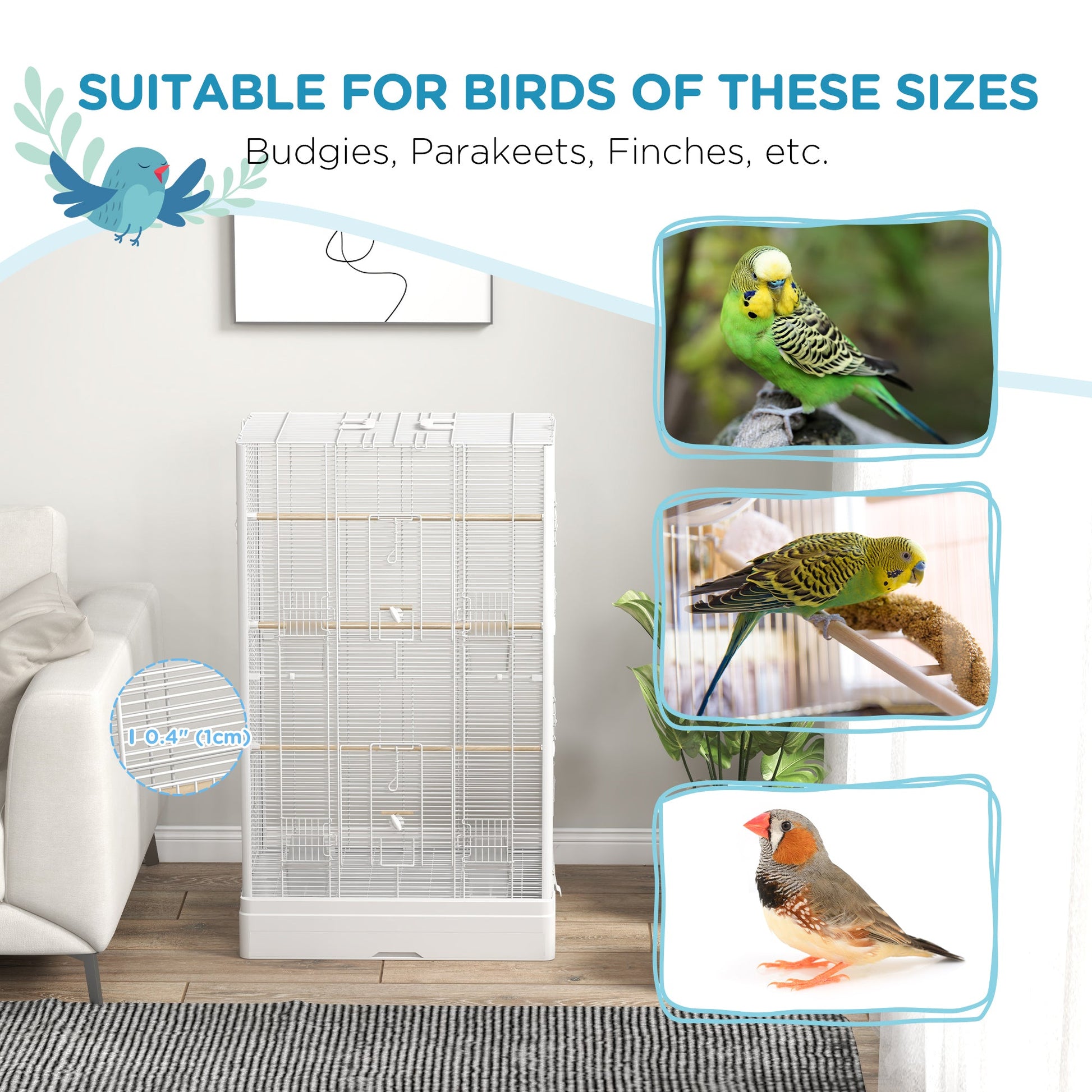 39" Bird Cage for Budgie Finches Canaries Love Birds with Wooden Stands, Slide-Out Tray, Handles, Food Containers, White Bird Cages   at Gallery Canada