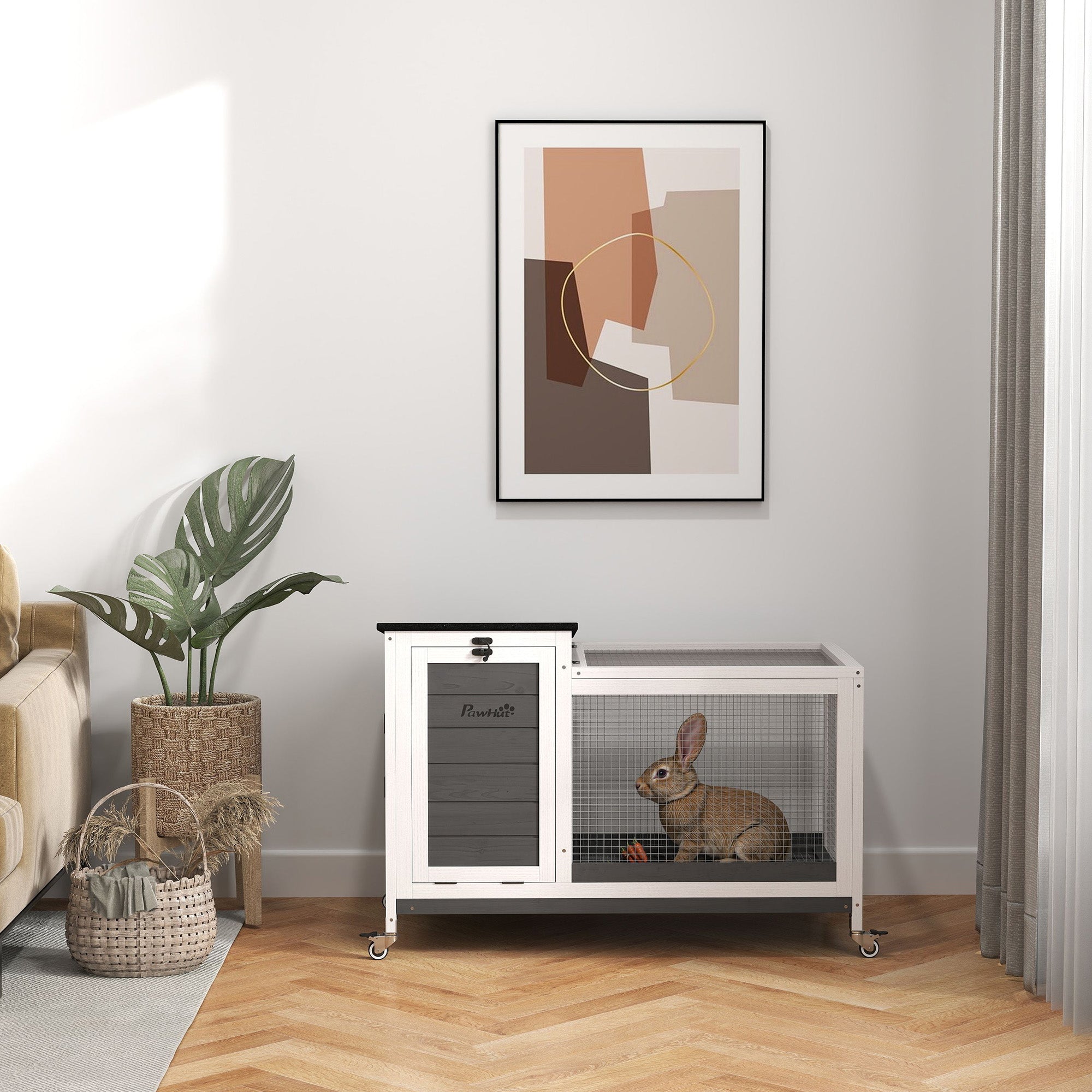 Wooden Rabbit Hutch with Pull-Out Tray, Asphalt Openable Roof, Small Animal Cage on Wheels with Run, Grey Rabbit Hutch at Gallery Canada