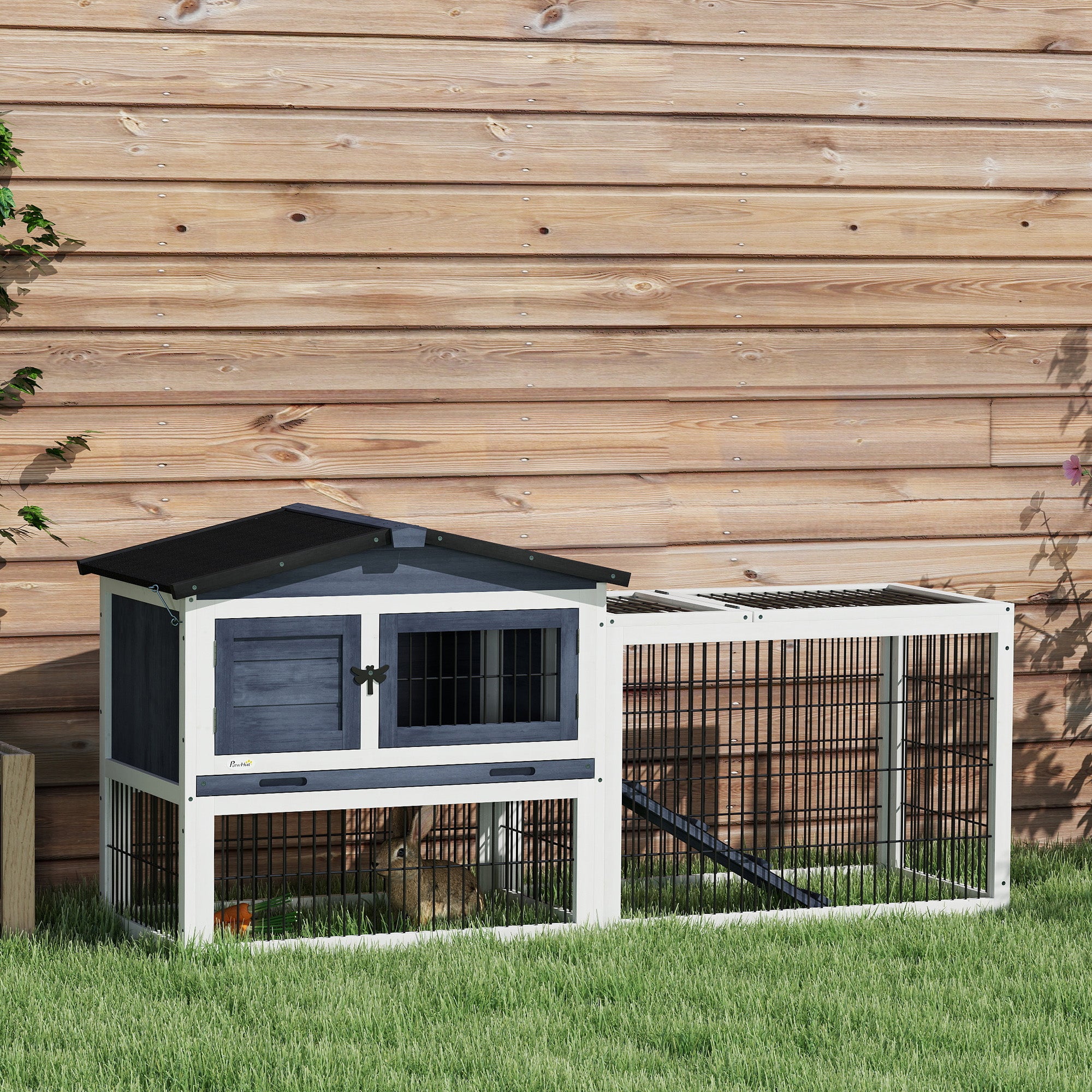 Wood Rabbit Hutch w/ Ramp, Openable Roof, Pull-out Tray, Dark Grey Rabbit Hutch at Gallery Canada
