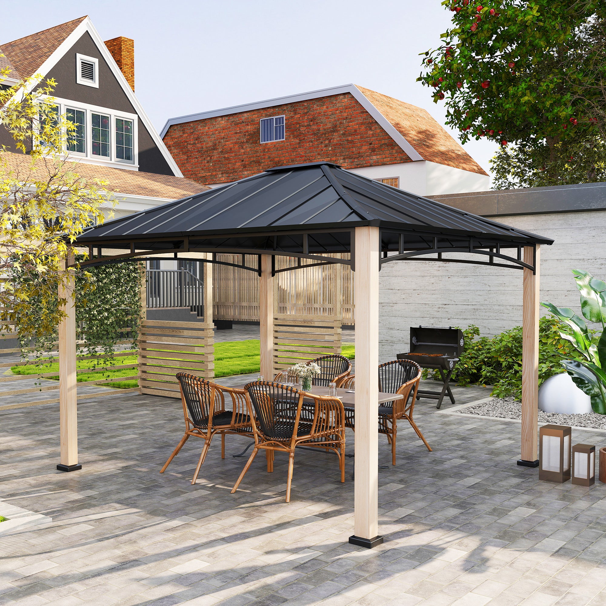 10' x 12' Hardtop Gazebo with Metal Roof, Wood Grain Frame Outdoor Gazebo Canopy for Patio, Garden, Backyard, Lawn Gazebos at Gallery Canada