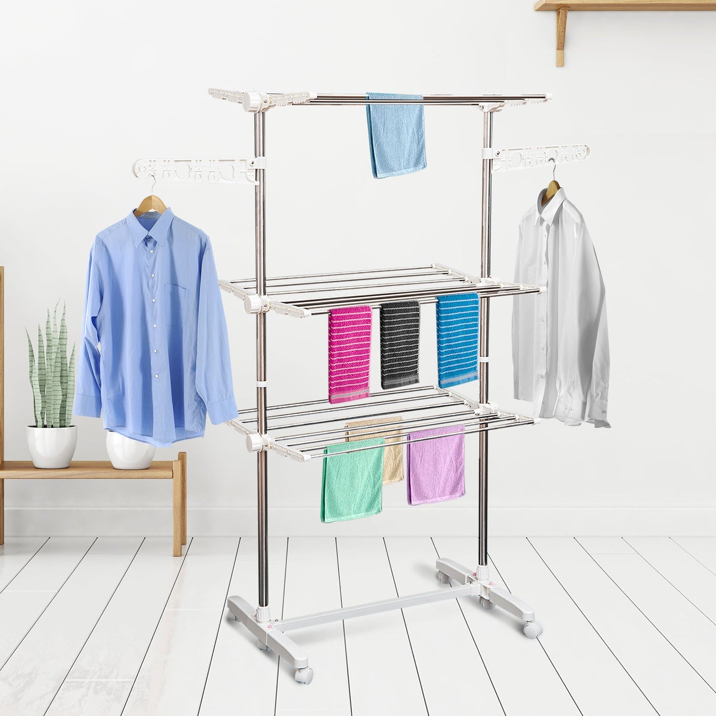 Stainless Steel 3-Tier Collapsible Clothes Drying Rack with Wheels, White Bath Accessories   at Gallery Canada