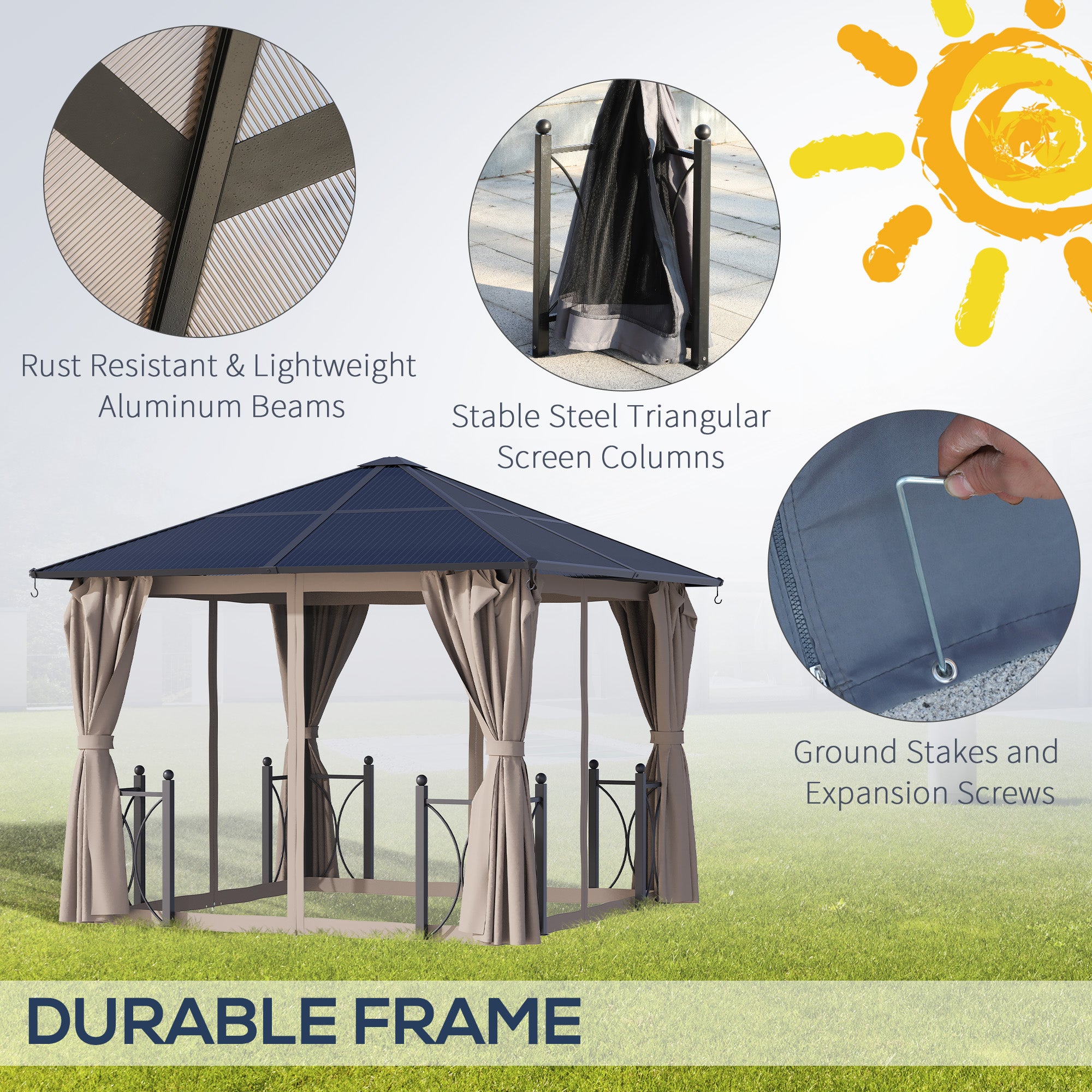 10' x 10' Hardtop Gazebo with PC Board Roof and Aluminum Frame, Patio Gazebo with Curtains and Netting for Party Wedding Marquee Tent, Black Gazebos at Gallery Canada