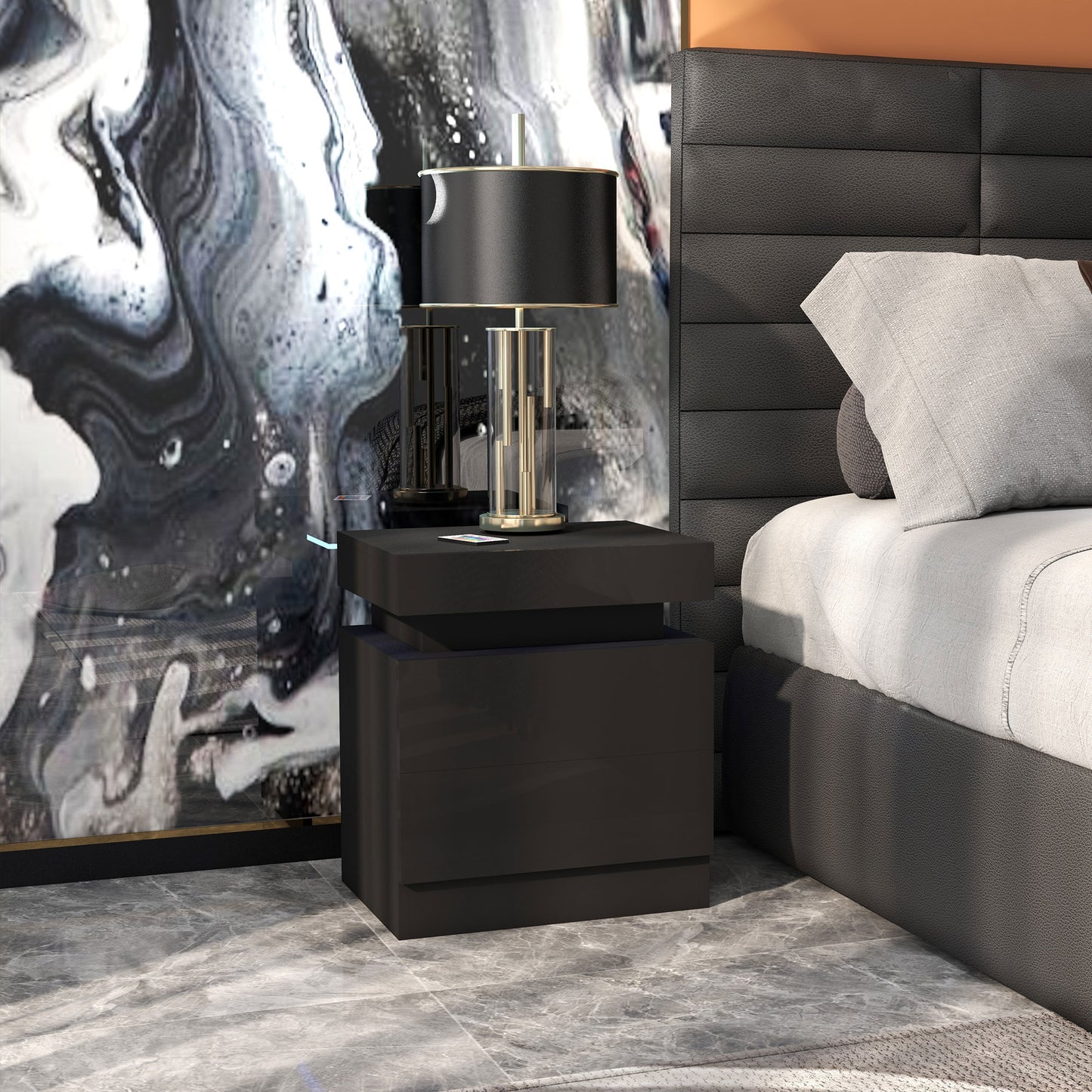 High Gloss Nightstand, Bedside Table with LED Lights and 2 Drawers for Bedroom, Living Room, Black Bedside Tables   at Gallery Canada