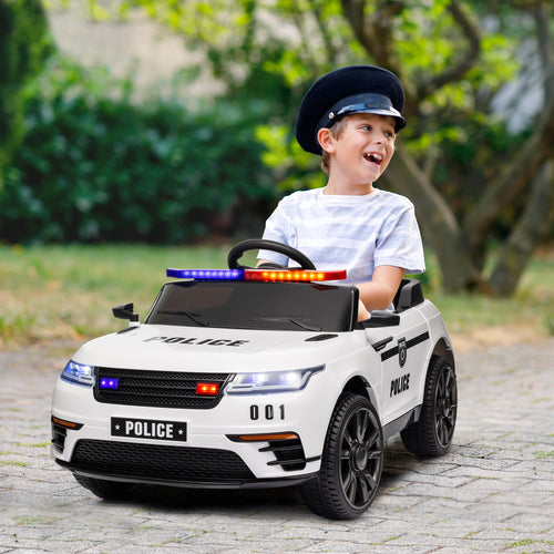 12V Kids Electric Police Car w/ Remote Control, Spring Suspension, Training Wheel, Siren, Music, Light, Horn, White