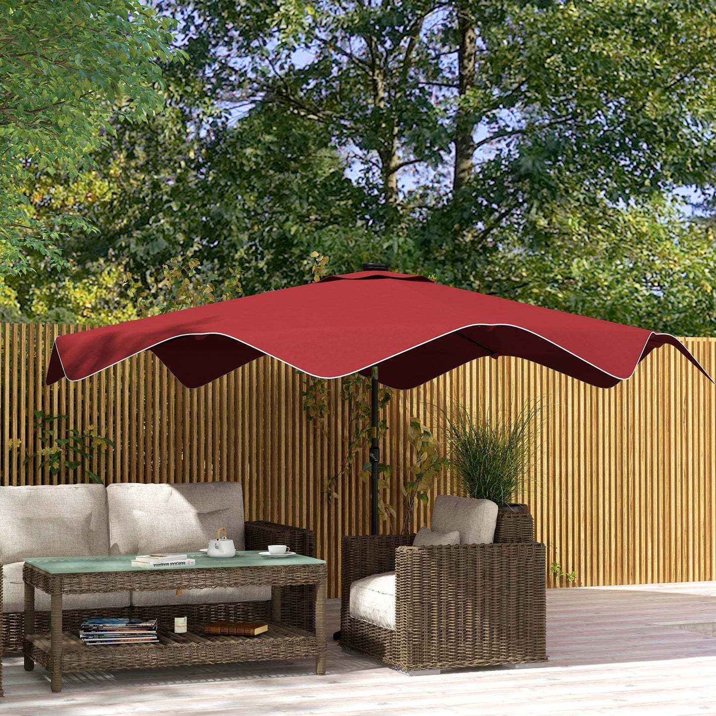 Solar Patio Umbrella with LED and Tilt, Outdoor Market Table Umbrella Parasol with Crank, 10 x 10 ft, Wine Red Sun Umbrellas   at Gallery Canada