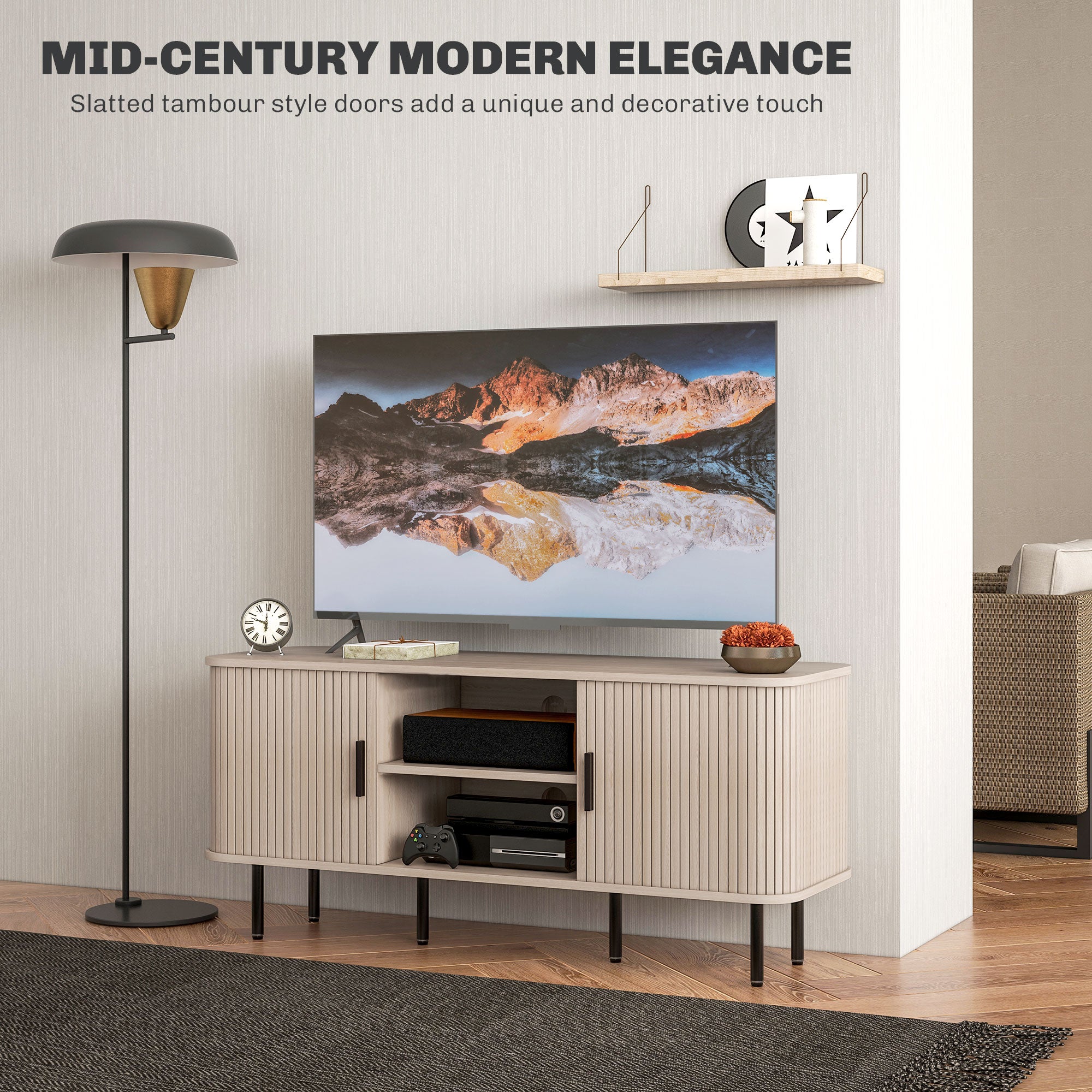 TV Stand Cabinet for TVs up to 55 Inches, TV Unit with Storage Shelves and Cabinets for Living Room, Oak Tone TV Stands   at Gallery Canada