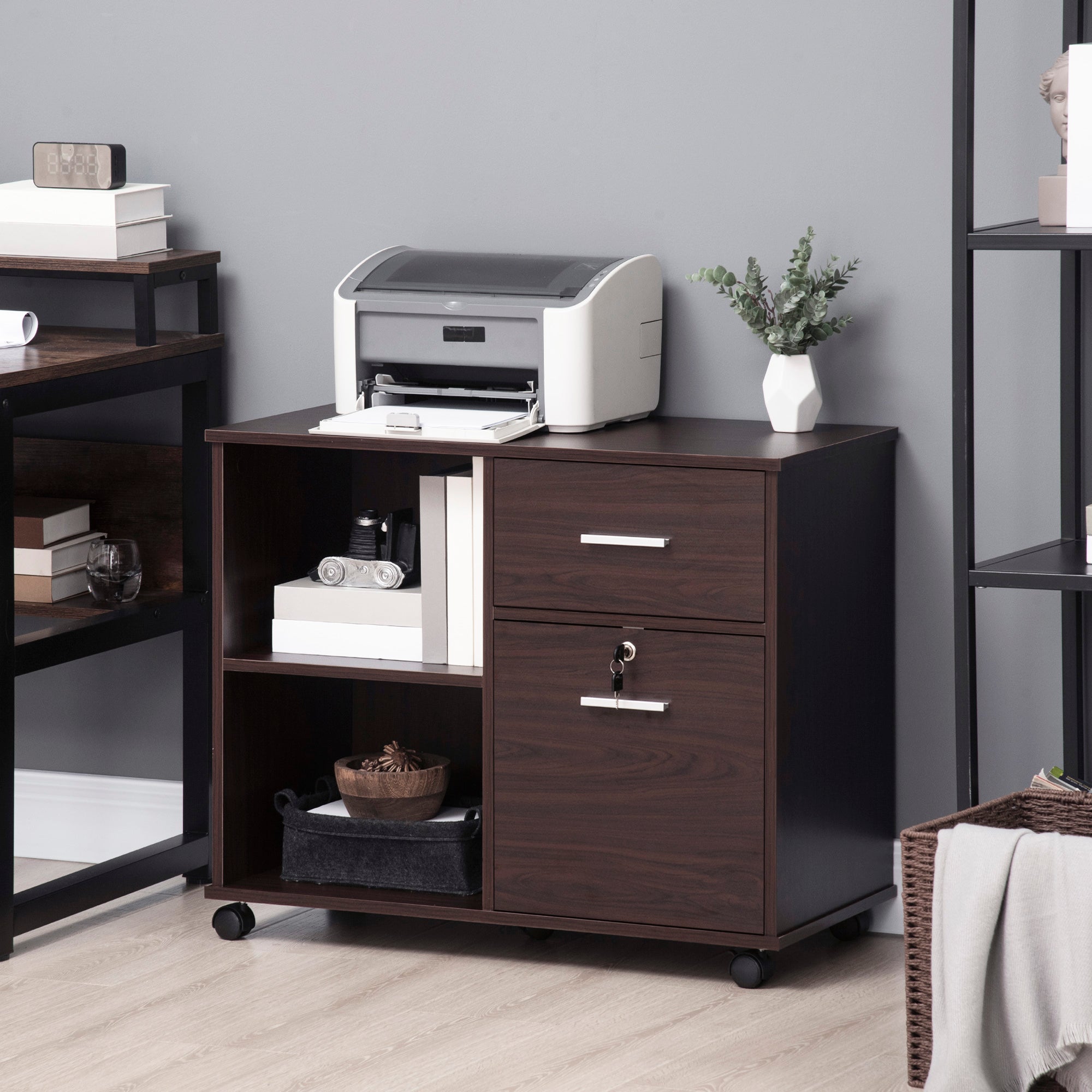 Lateral Filing Cabinet with Wheels, Locking File Cabinet, Mobile Printer Stand with Open Shelves and Drawers for A4 Size Documents, Walnut Office Cabinets & Cupboards at Gallery Canada