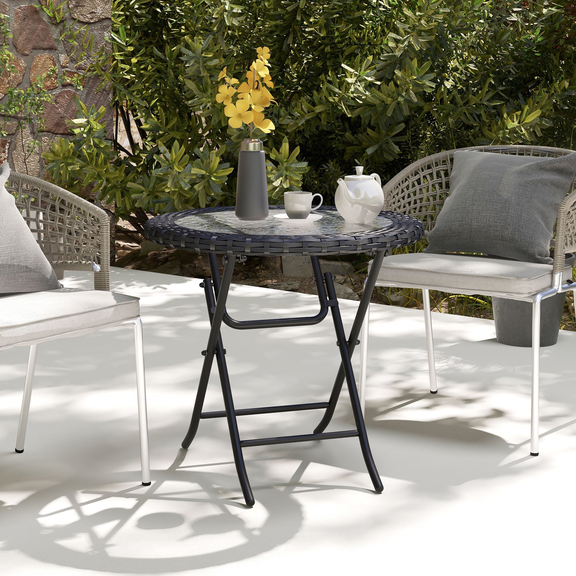 Folding Round Tempered Glass Metal Table with Edging, Black Patio Side Tables   at Gallery Canada