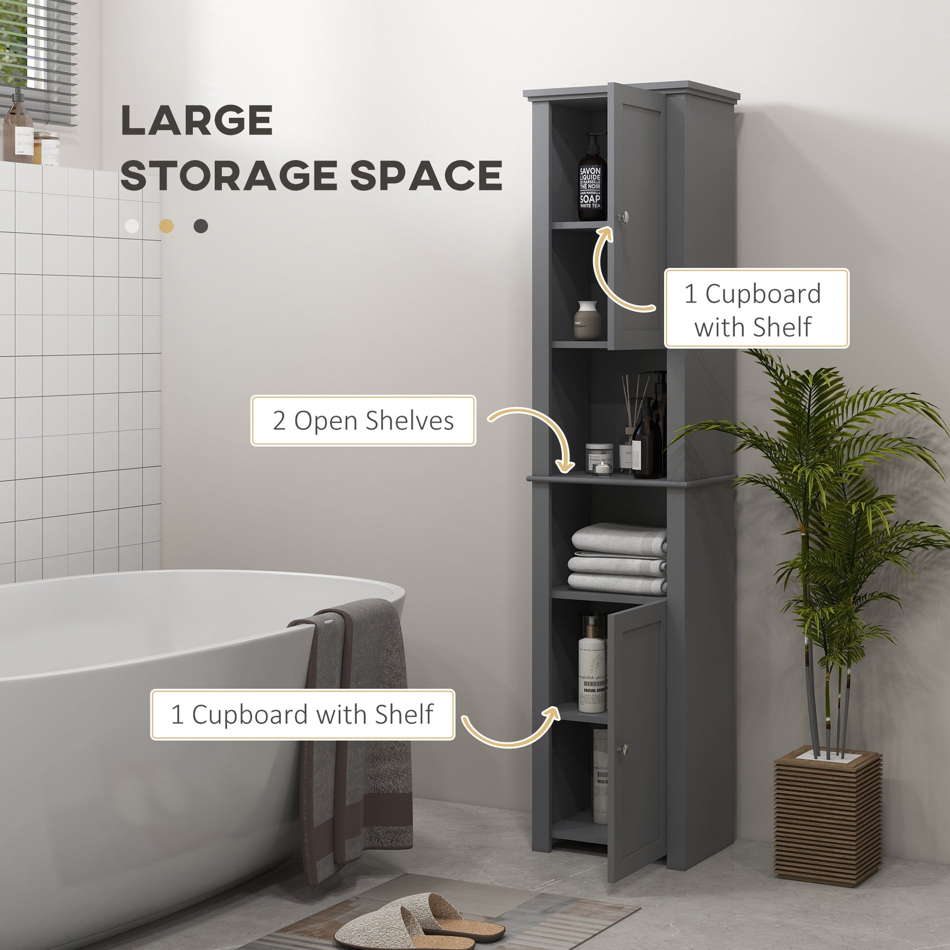 Tall Bathroom Cabinet, Freestanding Linen Cabinet with Open Shelves and 2 Cupboards, Narrow Storage Cabinet, Grey Bathroom Cabinets   at Gallery Canada