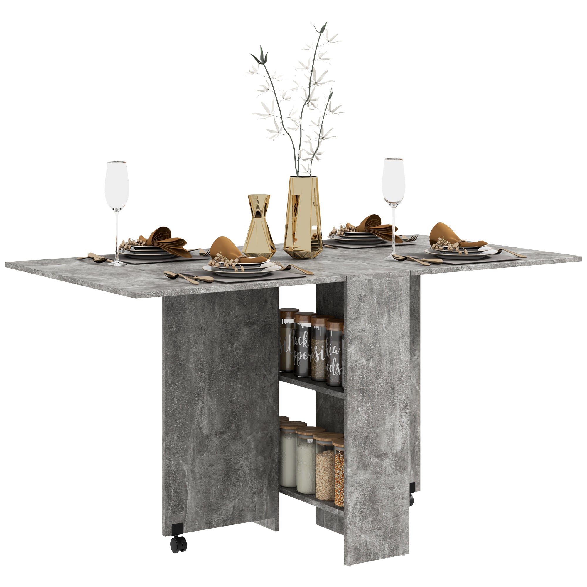 Extendable Dining Table, Collapsible Folding Table w/ 2-tier Shelves and Rolling Casters, Grey Bar Tables & Dining Tables at Gallery Canada
