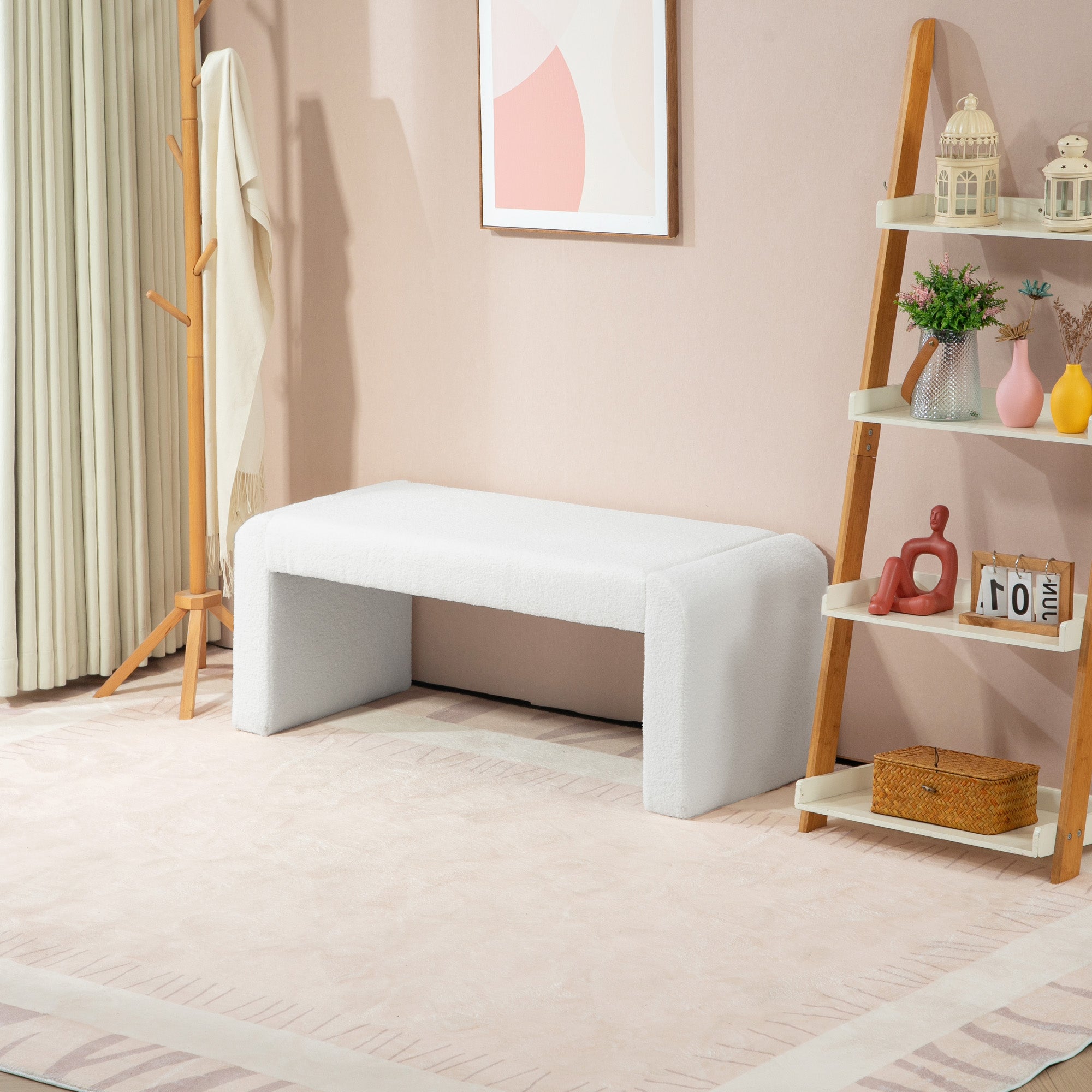 Upholstered Bedroom Bench, Boucle End of Bed Bench, Modern U-Shaped Entryway Bench, 47 x 18 x 18 Inches, White Storage Ottomans & Benches at Gallery Canada