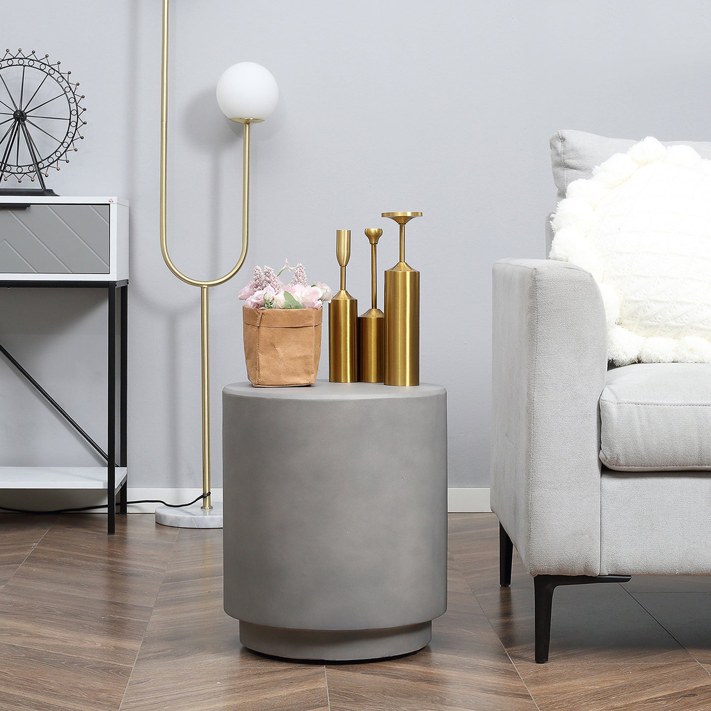 Concrete Finish Side Table, 17" Round End Table for Indoor and Outdoor, Light Grey Side Tables   at Gallery Canada