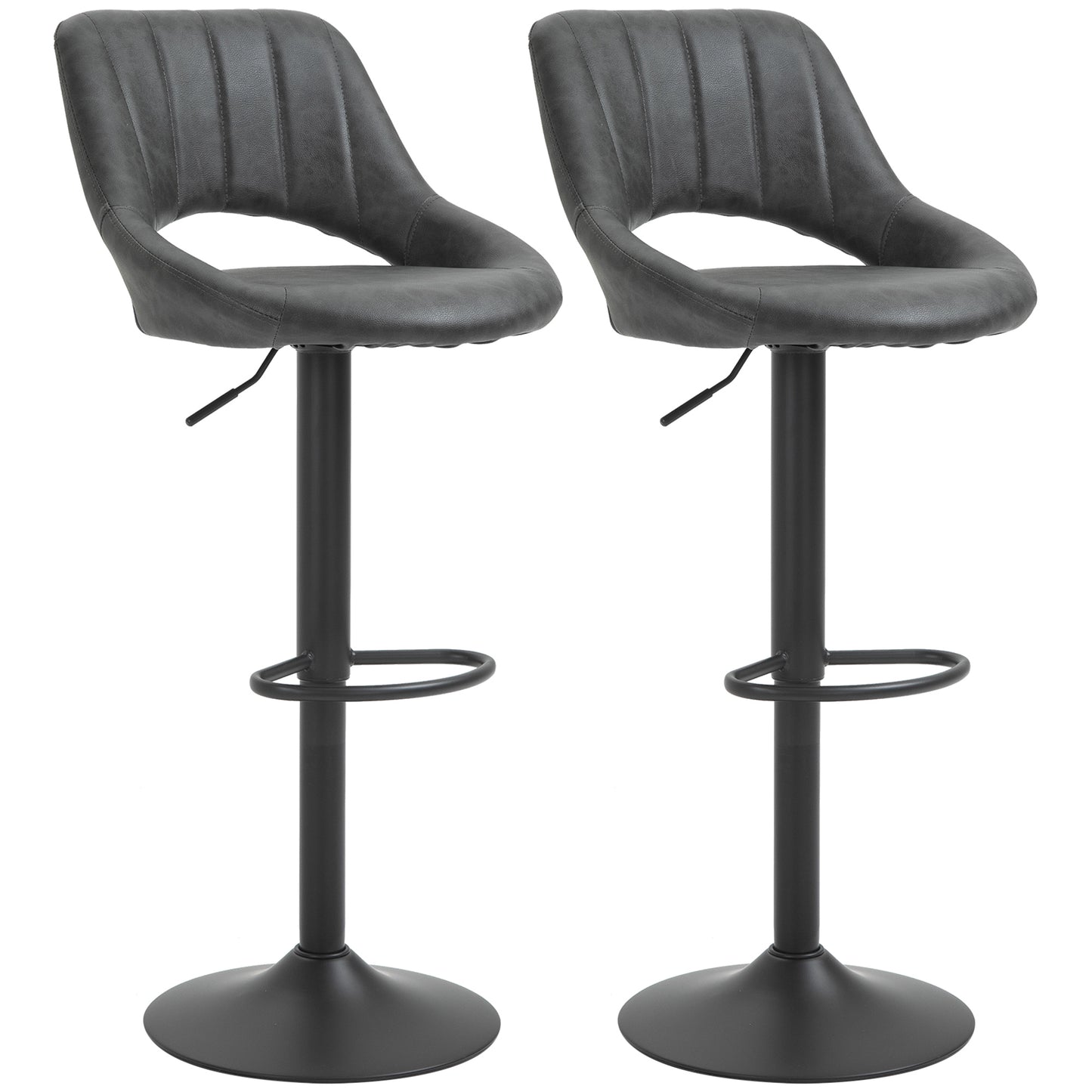 Set of 2 Adjustable Bar Stools with PU Upholstered Back, Footrest, Round Base for Kitchen, Dining Room, Grey Bar Stools   at Gallery Canada