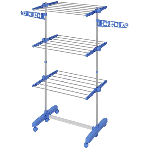 Stainless Steel 3-Tier Collapsible Clothes Drying Rack with Wheels, Blue