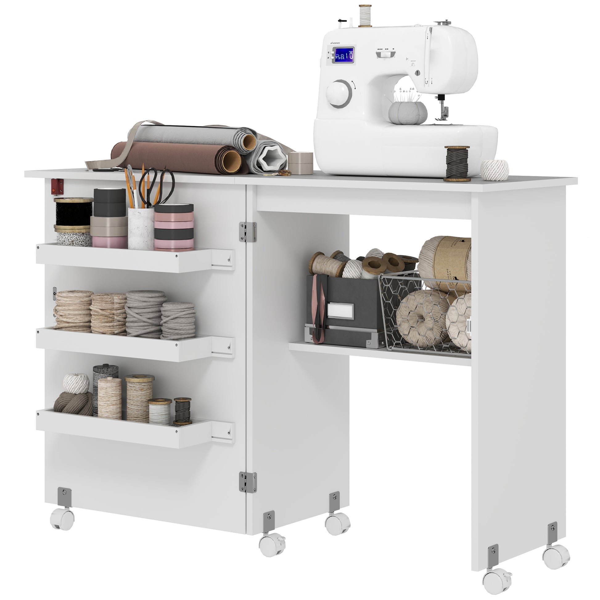 Sewing Machine Cabinet, Folding Sewing Table with Storage Shelf, Bins and Lockable Wheels for Small Space, White Storage Cabinets at Gallery Canada