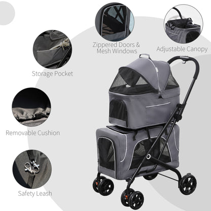 3-in-1 Double Pet Stroller for Small Miniature Dogs Cats with Removable Carrier, Foldable Travel Carrier Bag, Car Seat, Grey Dog Bike Trailers & Strollers   at Gallery Canada