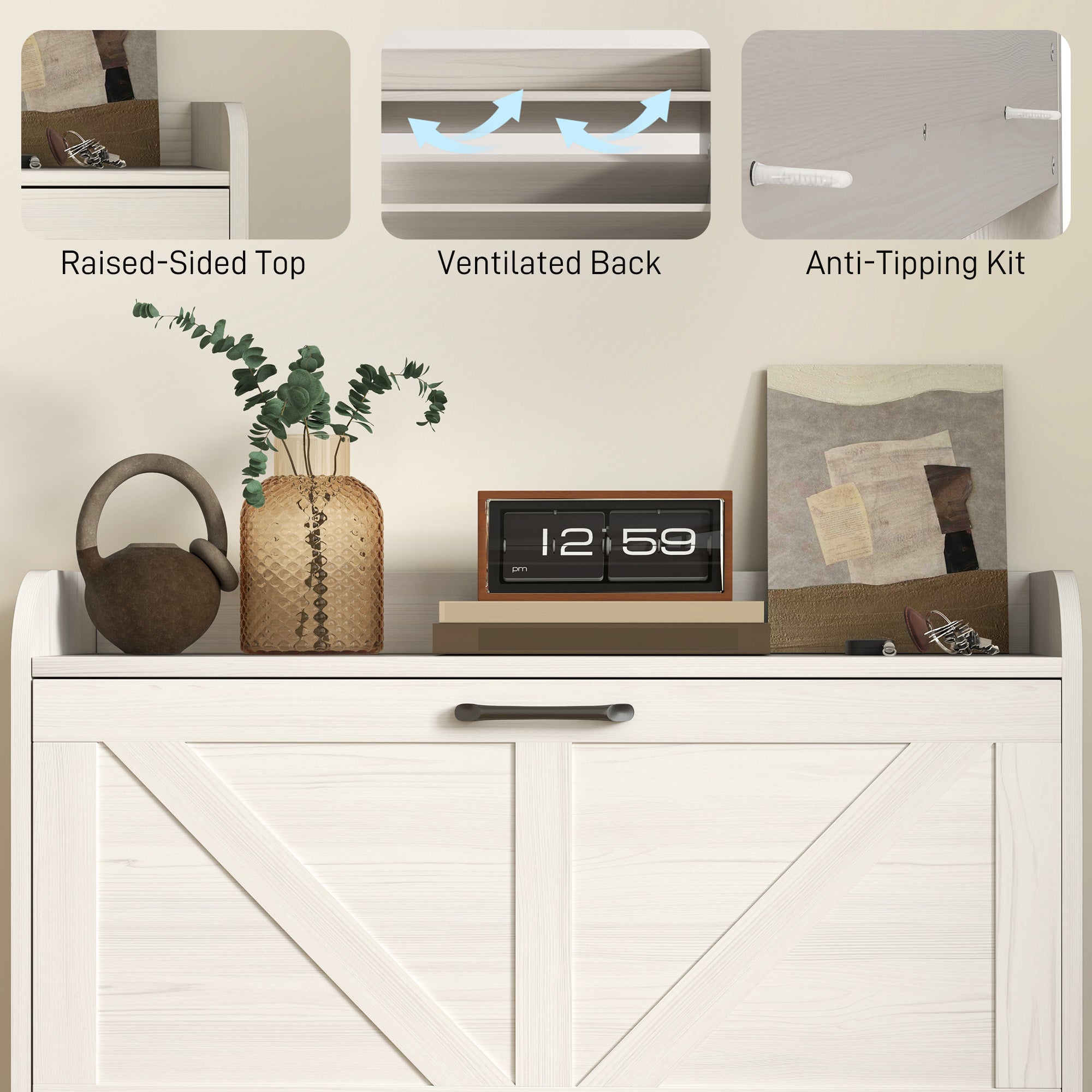 Narrow Shoe Storage Cabinet, Farmhouse Slim Shoe Cabinet with 2 Flip Drawers, Adjustable Shelves, White Oak Shoe Storage Cabinets & Racks at Gallery Canada