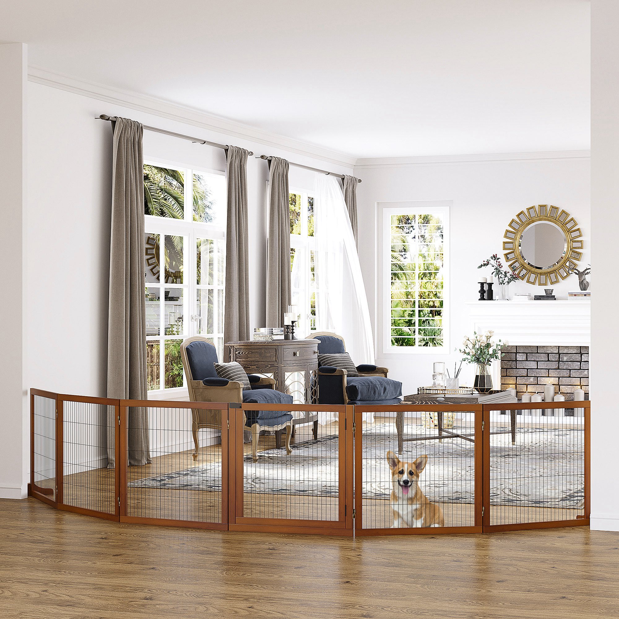 Wooden Pet Gate, Dog Safety Barrier, Freestanding Foldable Fence, w/ 6 Panels, 2 Support Feet, for House Doorway Stairs, Small &; Medium Dogs, Coffee Houses, Kennels & Pens at Gallery Canada