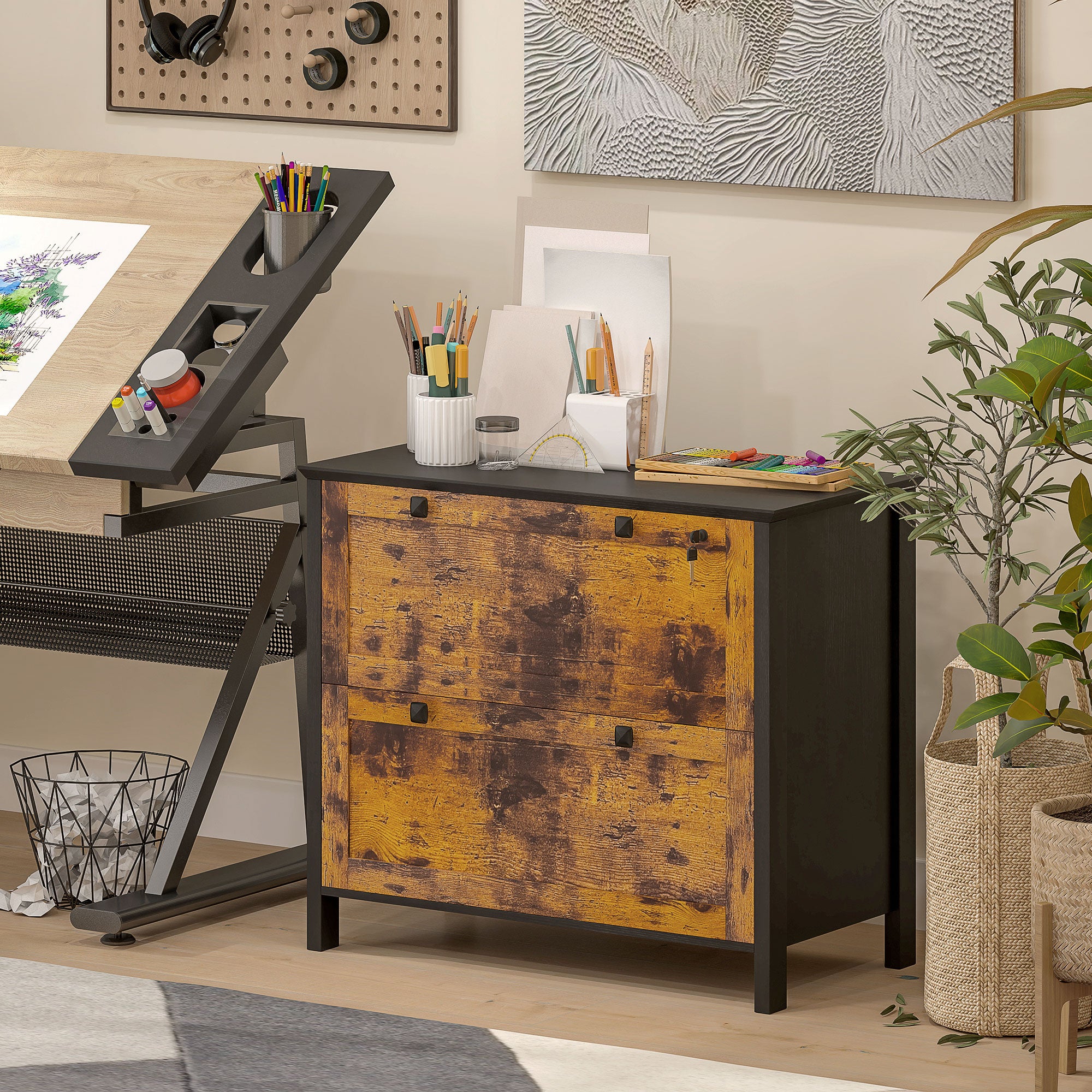 2 Drawer File Cabinet, Lockable Filing Cabinet with Adjustable Hanging Bar for Letter, A4 Size, Rustic Brown Office Cabinets & Cupboards at Gallery Canada