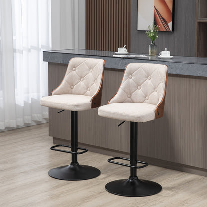 Counter Height Bar Stools Set of 2, Height Adjustable Swivel Barstools with Footrest and Solid Wood Back, Linen Fabric Bar Chairs, Beige Bar Stools   at Gallery Canada