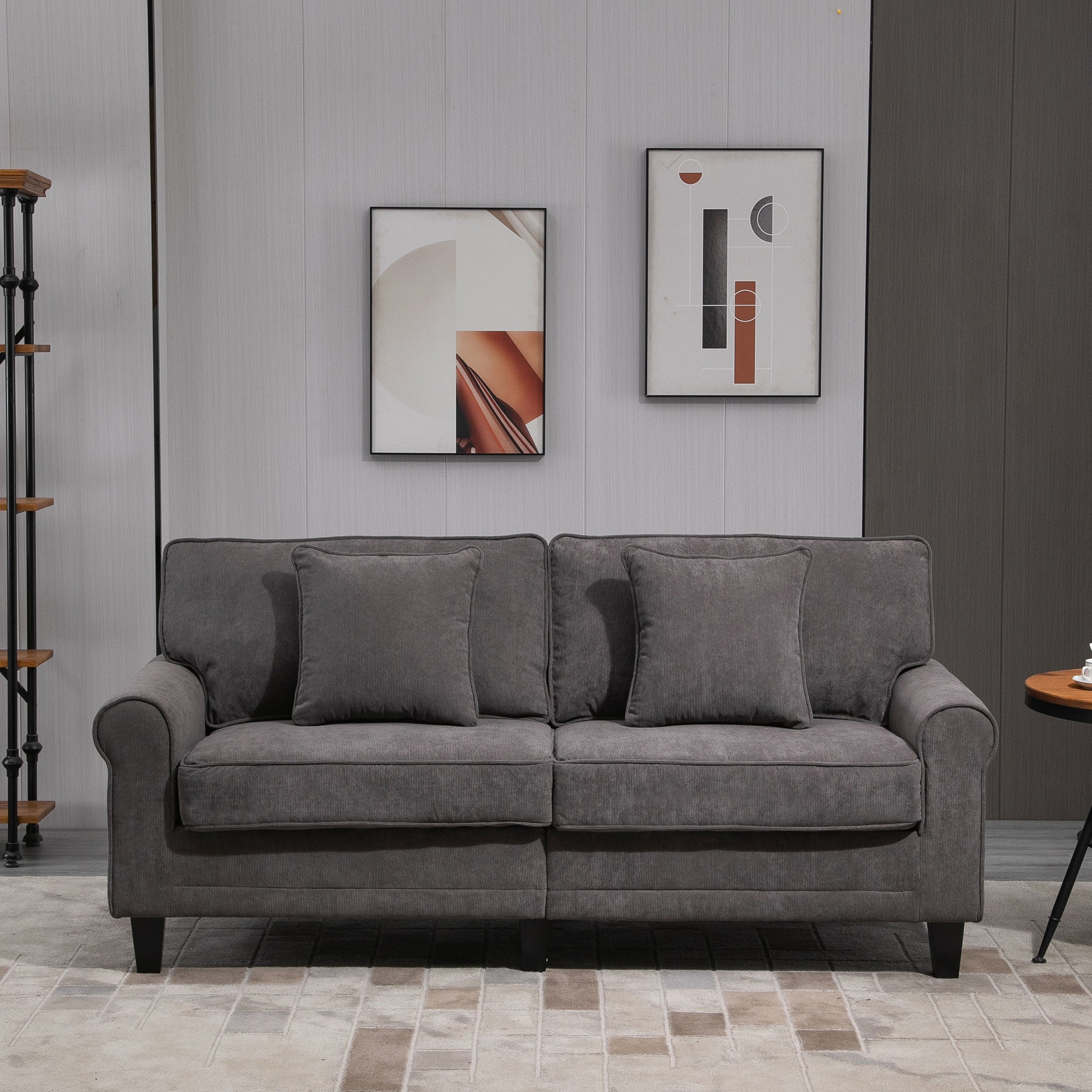 Modern 3 Seater Sofa, Corduroy Fabric 3 Seater Couch with Pine Wood Legs and Rolled Armrests for Living Room, Light Grey 3-Seater Sofas at Gallery Canada