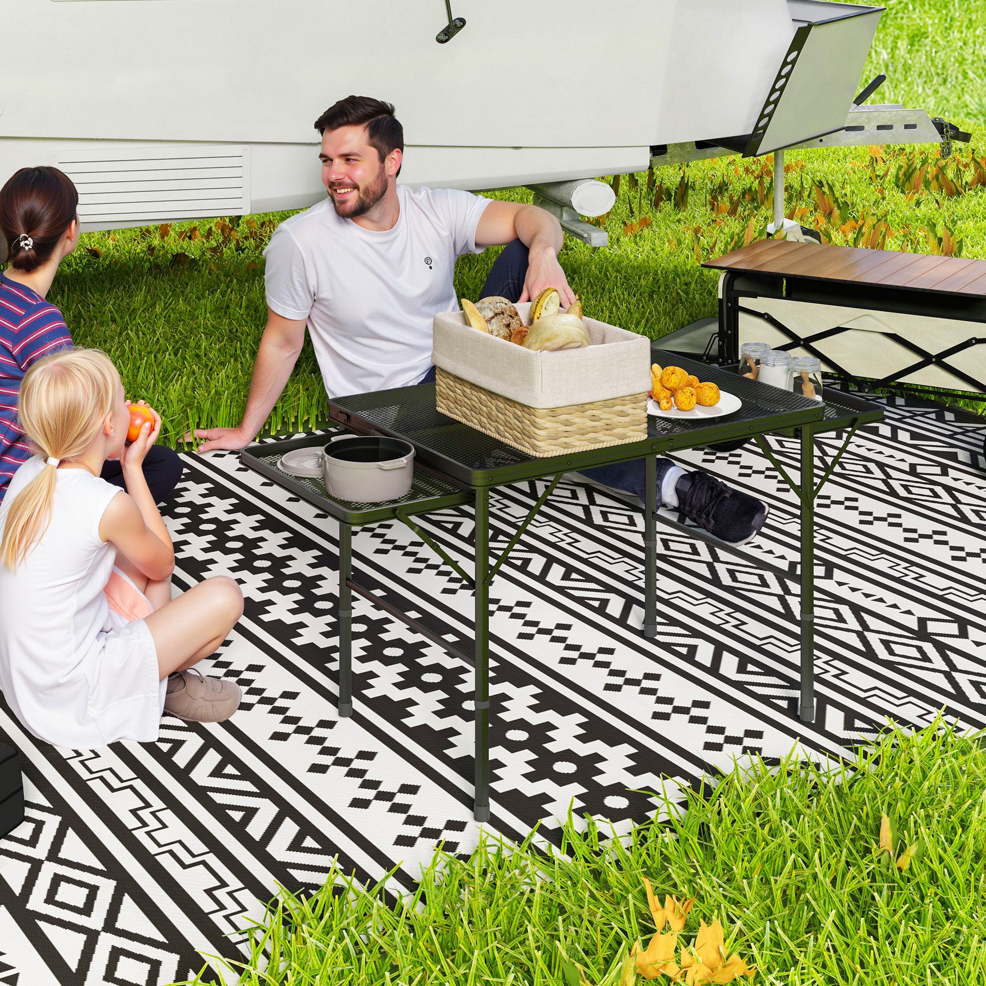 4.5ft Folding Grill Table, Height Adjustable Camping Table w/ Wing Panels, Metal Portable Picnic Table w/ Mesh Desktop Picnic Tables & Camping Chairs at Gallery Canada