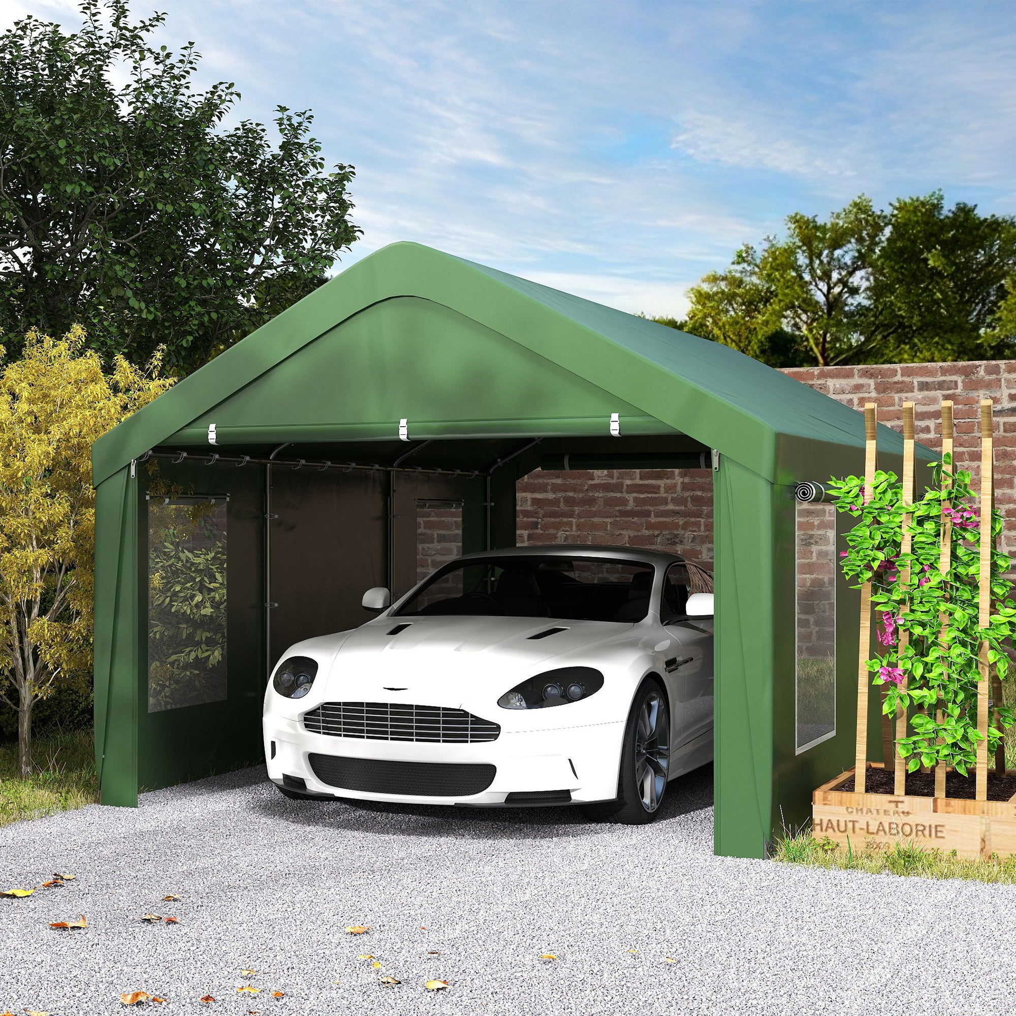 12 x 20ft Carport with 2 Roll-Up Doors, 4 Windows, Portable Garage with Removable Sidewalls for Car, Truck, Dark Green Car Shelters at Gallery Canada