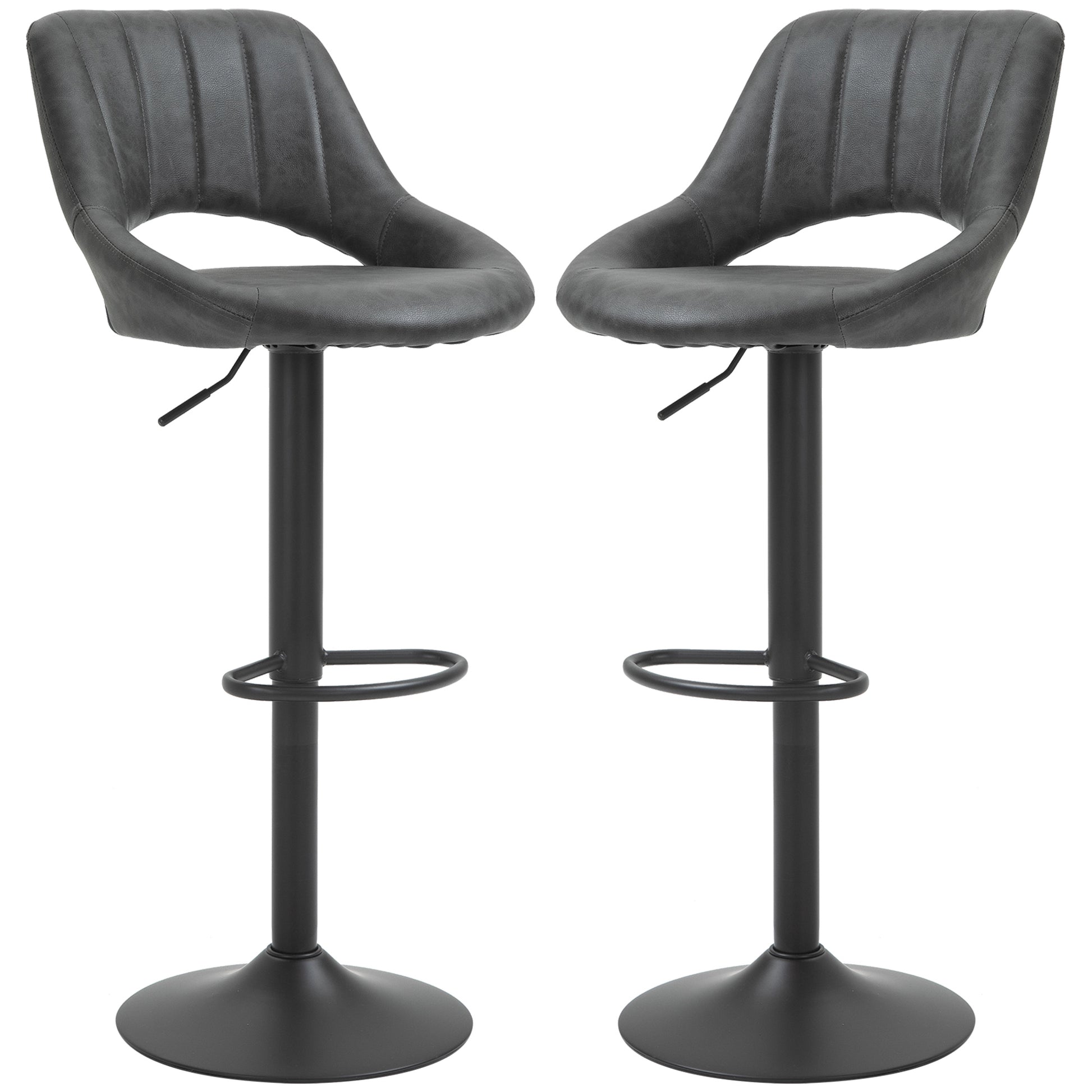 Set of 2 Adjustable Bar Stools with PU Upholstered Back, Footrest, Round Base for Kitchen, Dining Room, Grey Bar Stools   at Gallery Canada