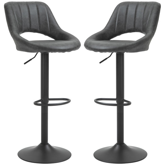 Set of 2 Adjustable Bar Stools with PU Upholstered Back, Footrest, Round Base for Kitchen, Dining Room, Grey Bar Stools   at Gallery Canada