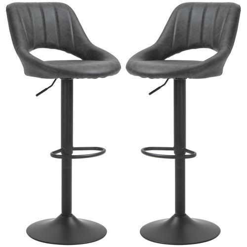 Set of 2 Adjustable Bar Stools with PU Upholstered Back, Footrest, Round Base for Kitchen, Dining Room, Grey