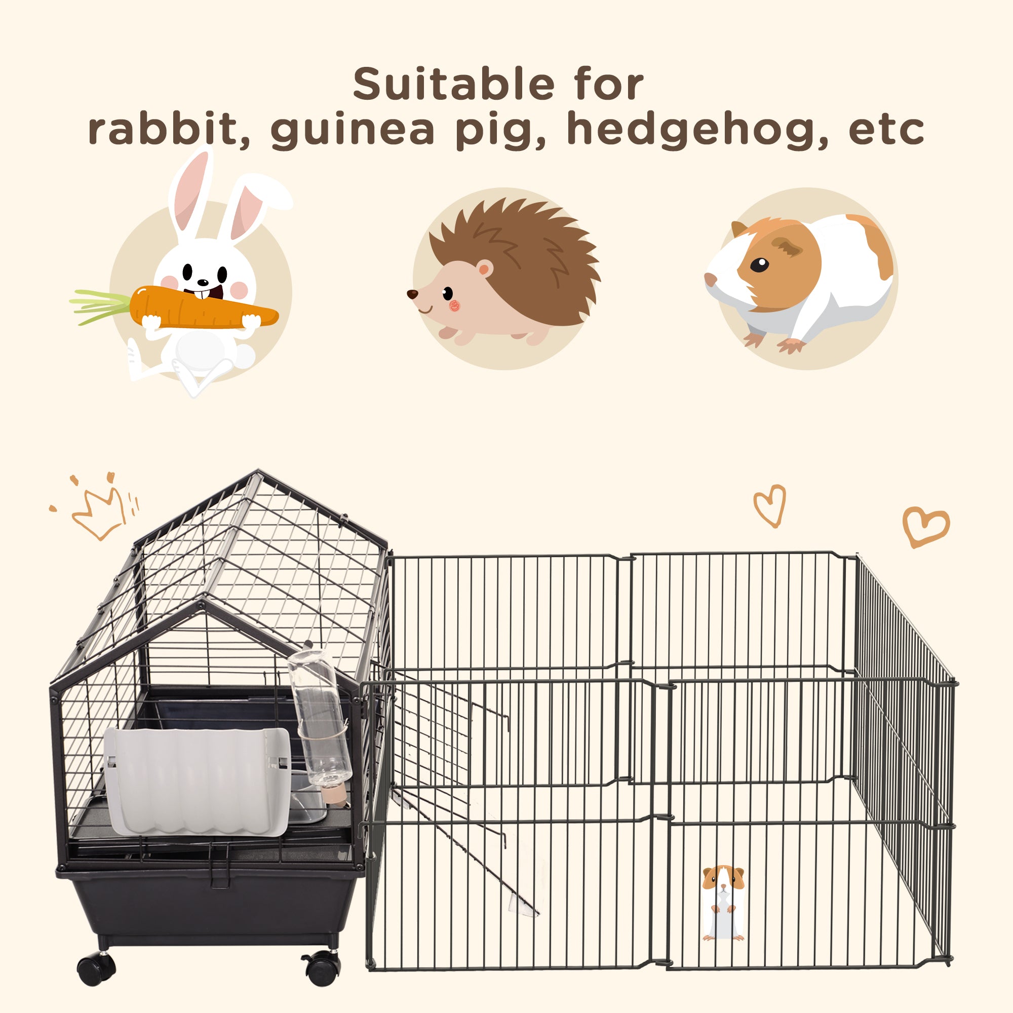 Metal Small Animal Cage, Rabbit Cage for Guinea Pig Chinchilla Hedgehog Bunny with Removable Wheels and Foldable Detachable Run Fence, 34.6