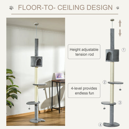 4-Tier Floor to Ceiling Cat Tree, Tall Cat Tower with Scratching Post, Plush Padding, Toy Ball, Cat Condo for Indoor Cats, Light Grey Floor to Ceiling Cat Trees at Gallery Canada