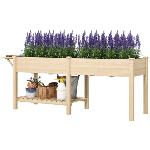 Raised Garden Bed, Wood Planter Box with Side Table, Bottom Shelf, Bed Liners and Drainage Holes, Natural