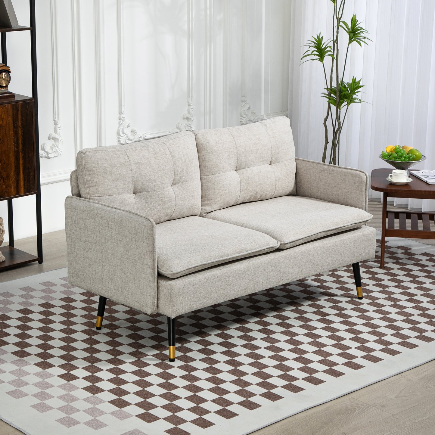 Modern 55" Loveseat, Fabric Love Seat Sofa with Button Tufted Back, Steel Legs for Bedroom, Living Room, Cream White 2-Seater Sofas   at Gallery Canada