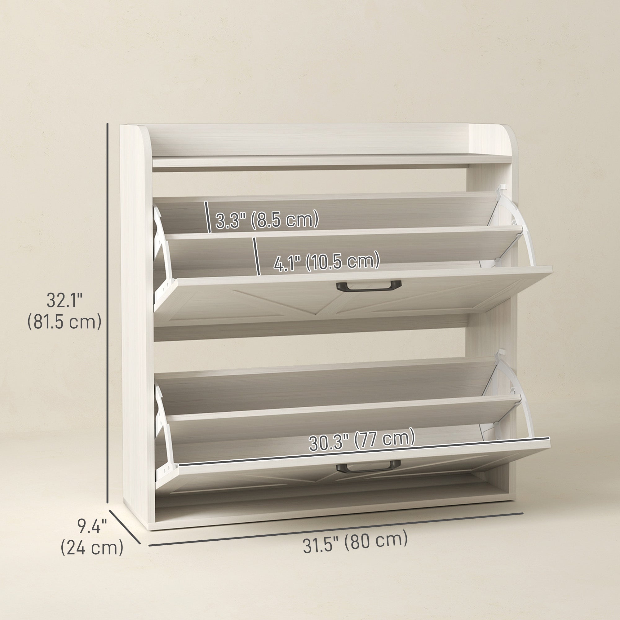 Narrow Shoe Storage Cabinet, Farmhouse Slim Shoe Cabinet with 2 Flip Drawers, Adjustable Shelves, White Oak Shoe Storage Cabinets & Racks at Gallery Canada