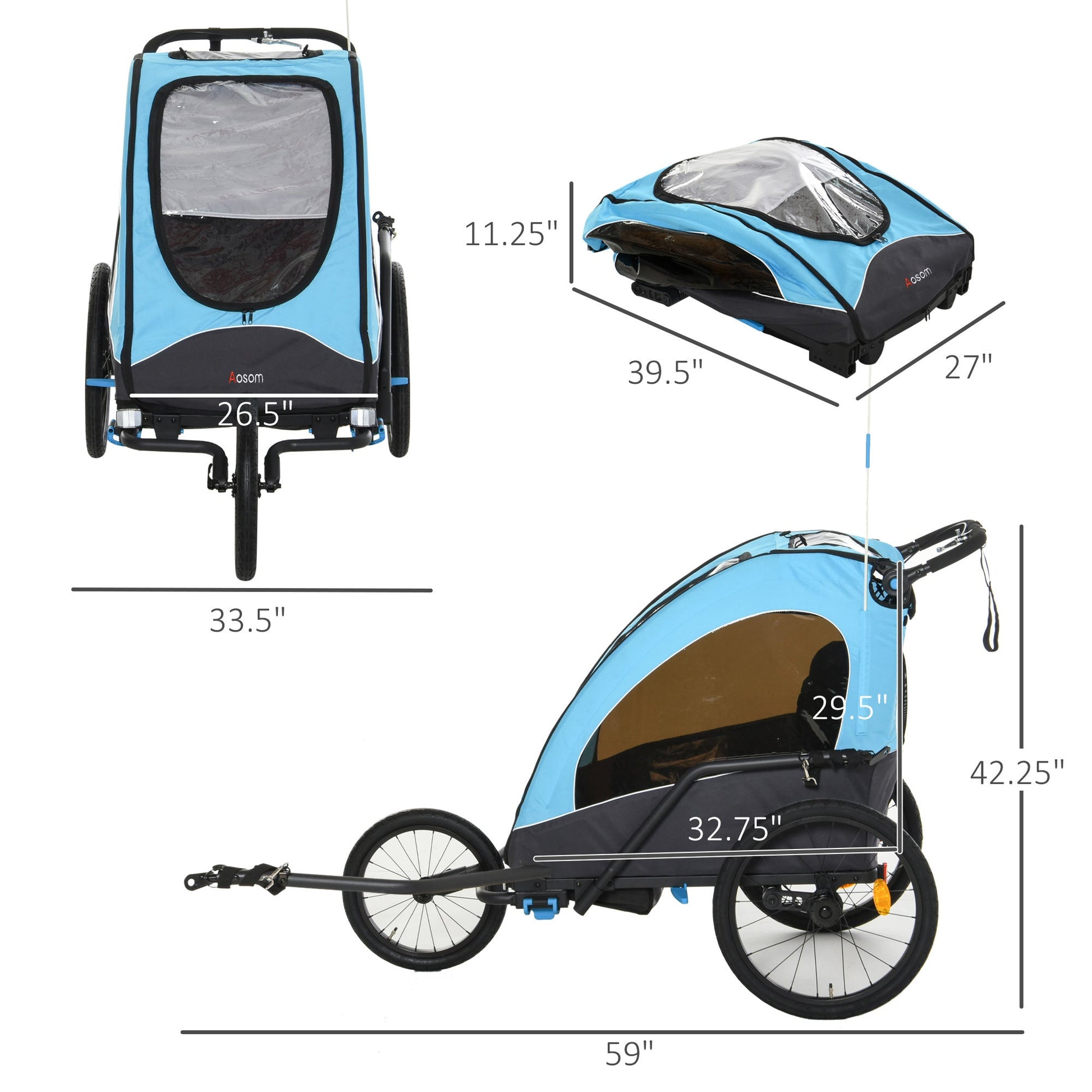 3-in-1 Foldable Child Bike Trailer Jogger Pushcar with Shock Absorbers, Blue Kids Bike Trailers Multi Colour  at Gallery Canada