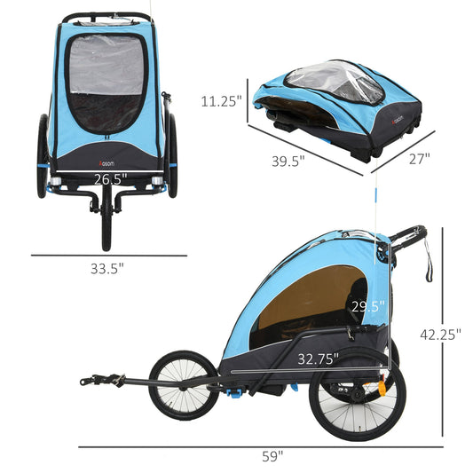 Child Bike Trailer 3 In1 Foldable Jogger 2-Seater Pushcar Transport Buggy Carrier with Shock Absorber System Rubber Tires Adjustable Handlebar Kid Bicycle Trailer Blue - Gallery Canada