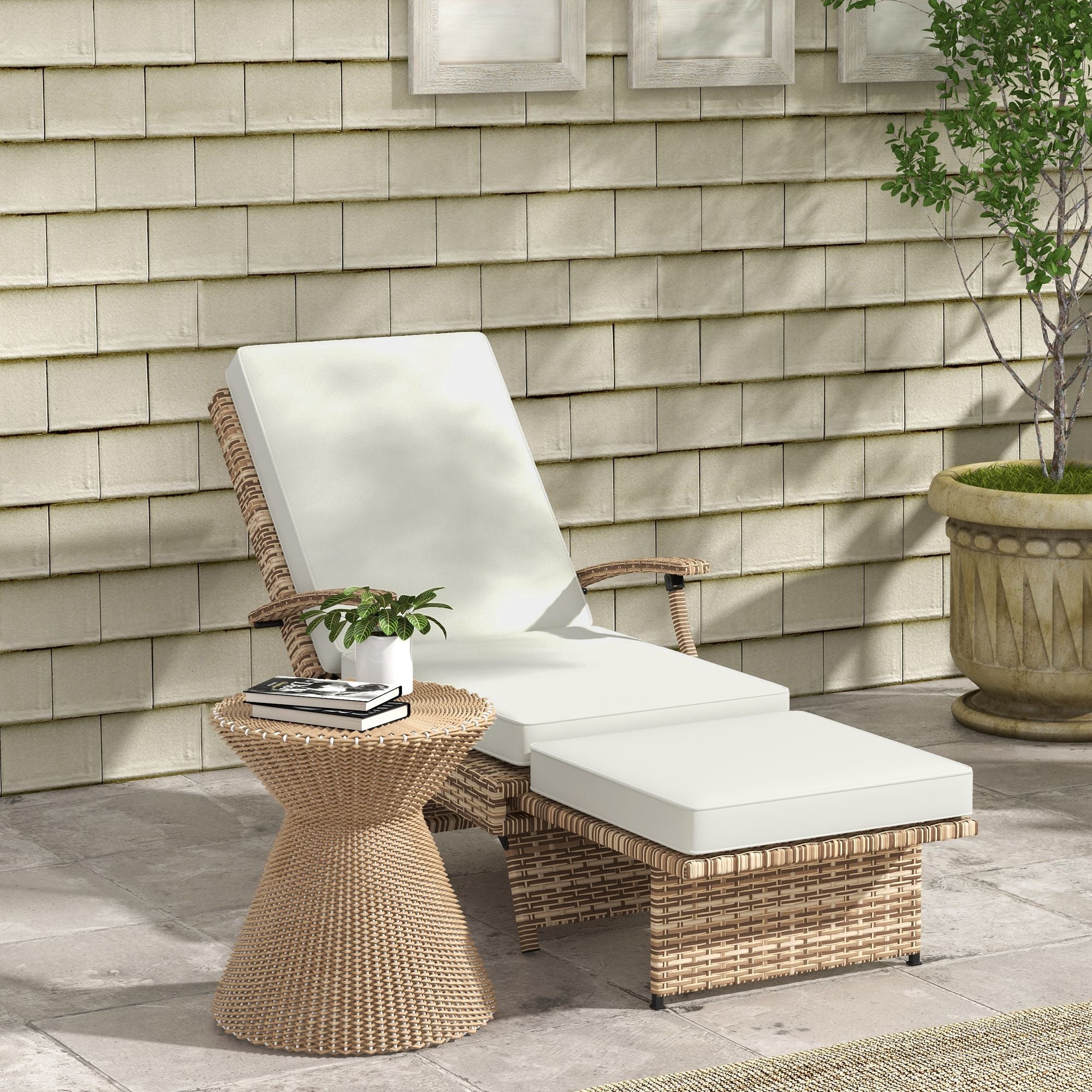 Outdoor Wicker Foldable Recliner Chair with Retractable Footrest, Cushion, White Chaise Loungers Multi Colour  at Gallery Canada