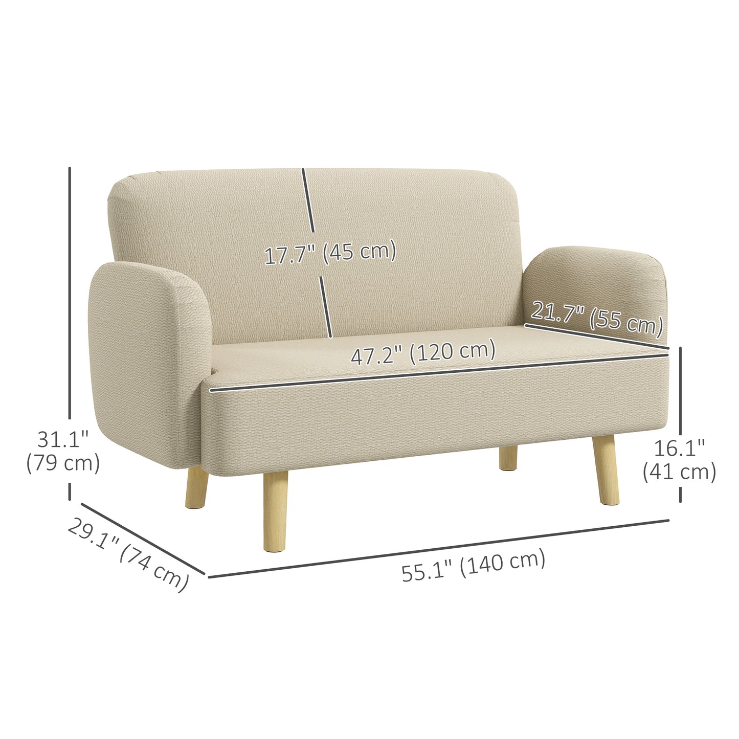 Velvet Feel Fabric 2 Seater Sofa, Small Sofa Loveseat with 8.3" Thick Padding and Wood Legs, Cream White 2-Seater Sofas   at Gallery Canada