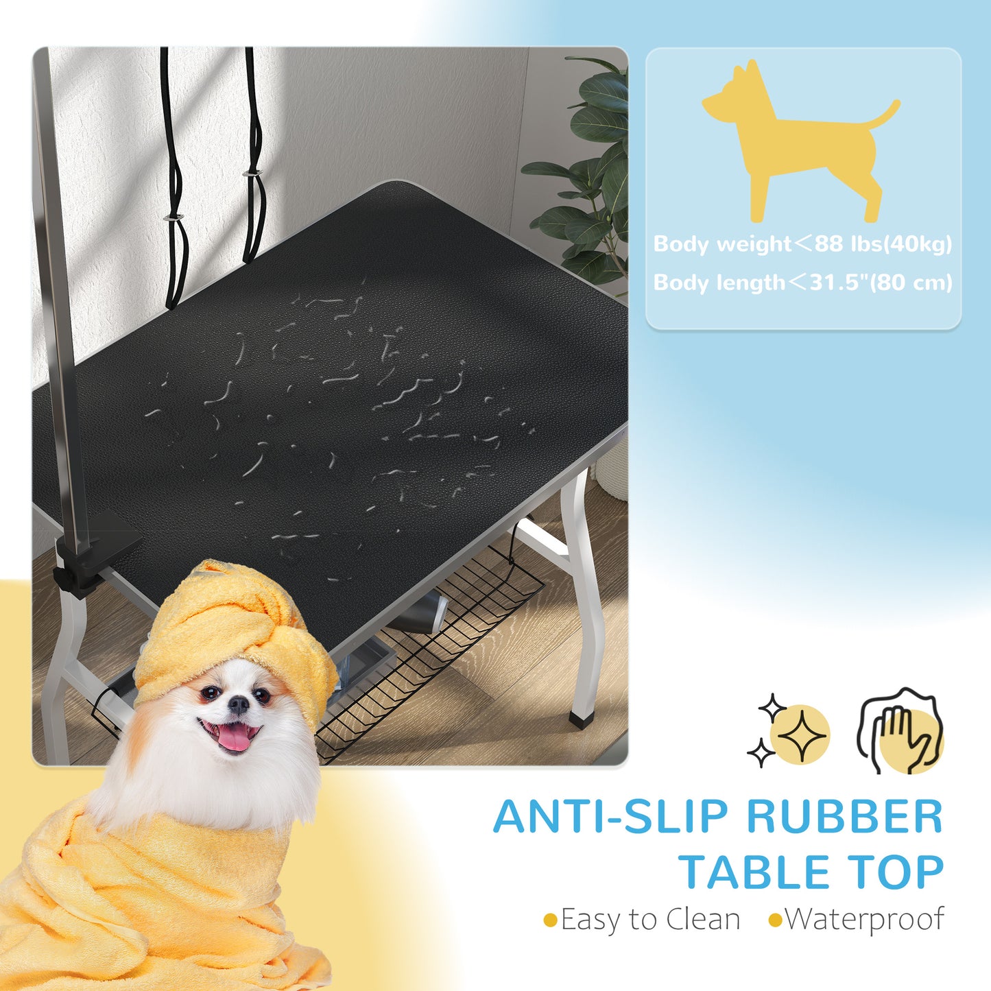 Dog Grooming Table w/ Adjustable Arm, Mesh Tray, Two Nooses, Rubber Surface, 35" x 24" x 30", Black Dog Grooming Tables at Gallery Canada