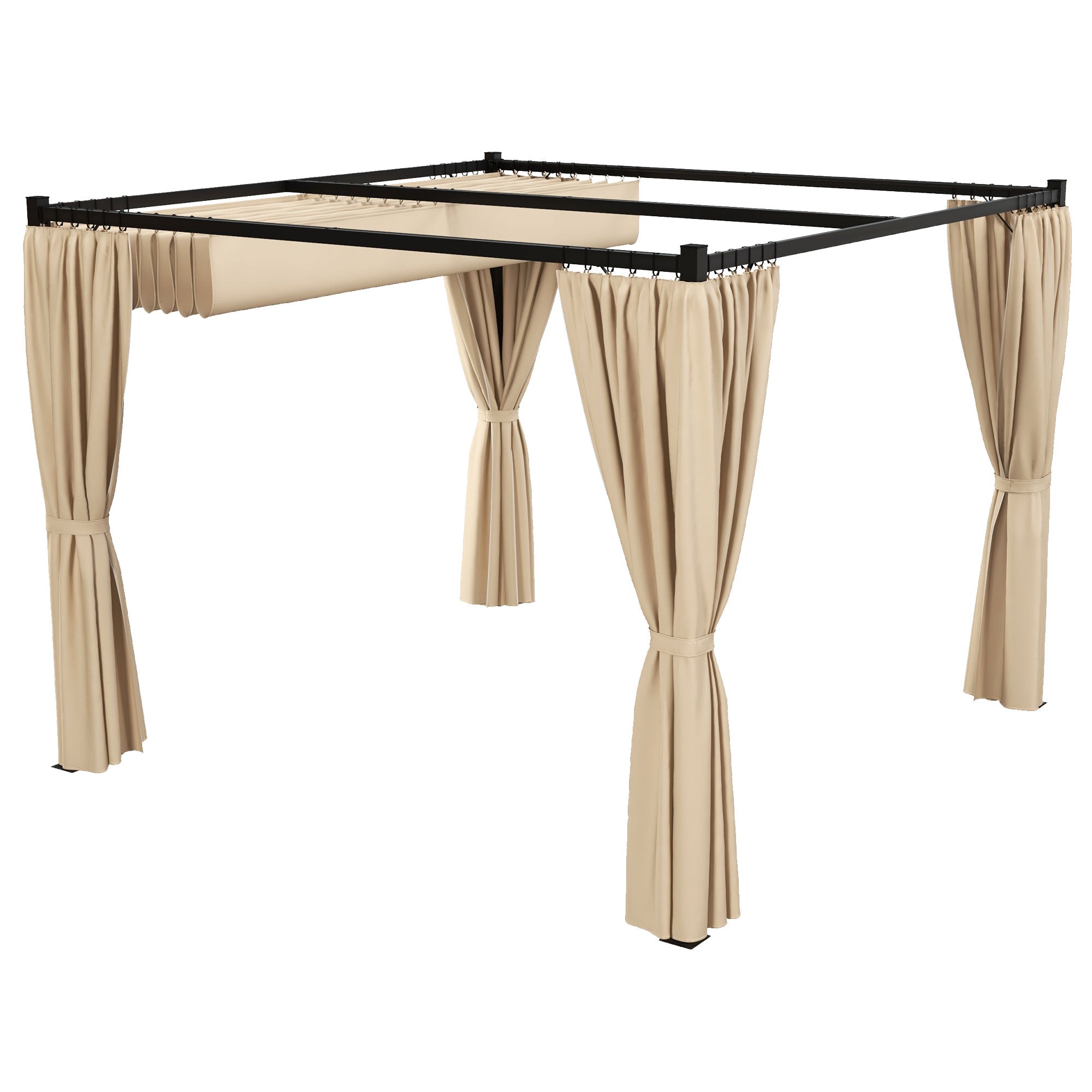 10' x 10' Retractable Pergola, Garden Gazebo Shelter with Curtains, for Grill, Patio, Deck, Beige Pergolas Beige at Gallery Canada