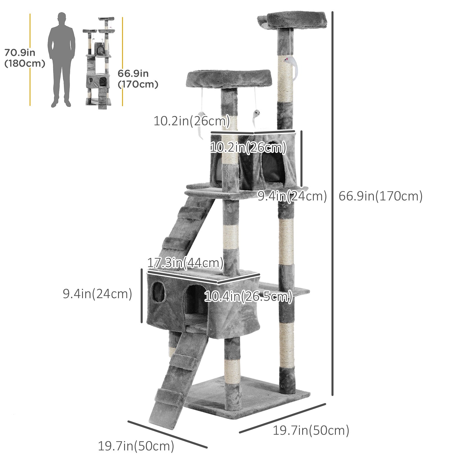 67-inch Multi-Level Cat Scratching Tree Kitty Activity Center Post Tower Condo Pet Furniture w/ Toy Grey Cat Towers   at Gallery Canada