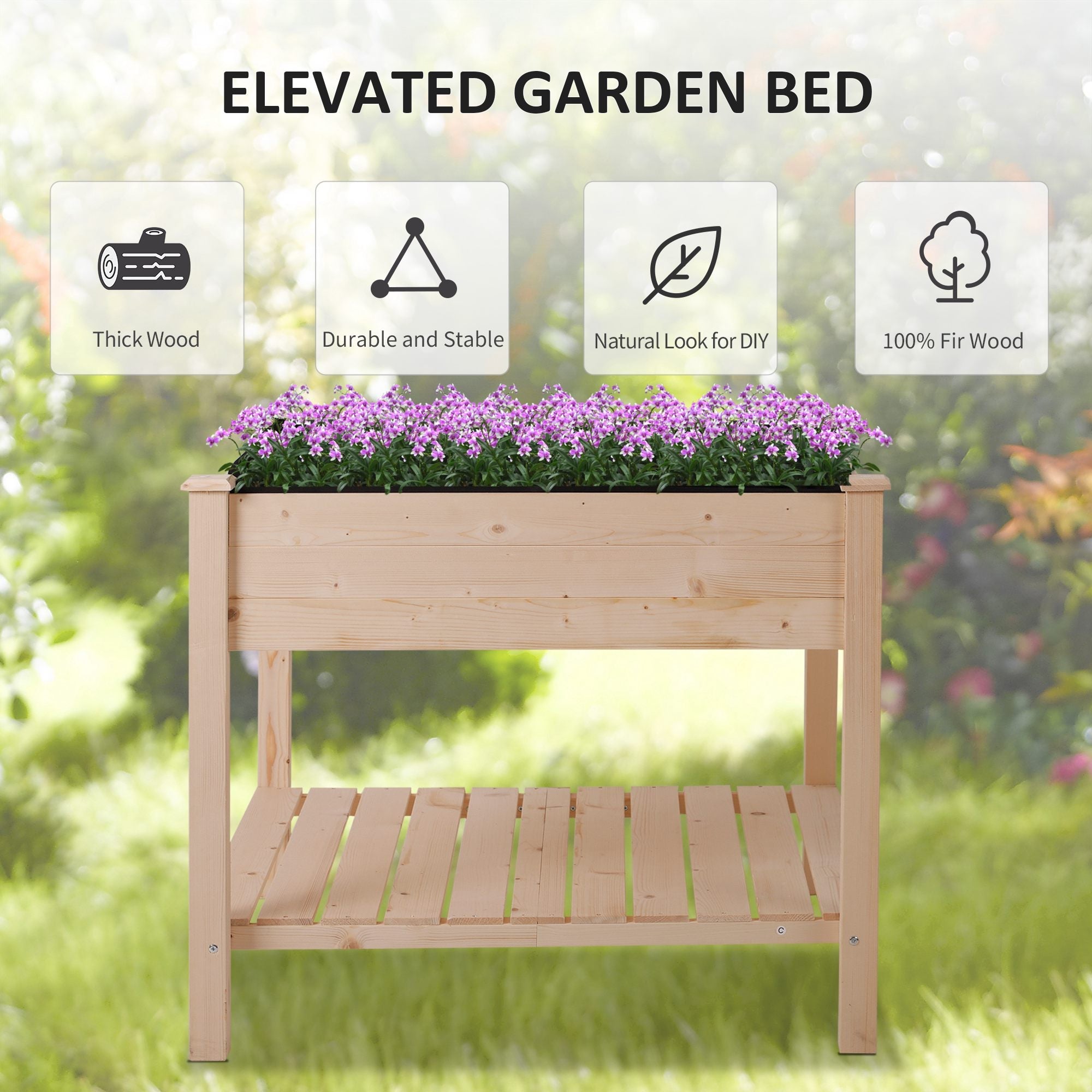 Wooden Raised Garden Bed with Liner, Drainage, Shelf, Legs, 35.75